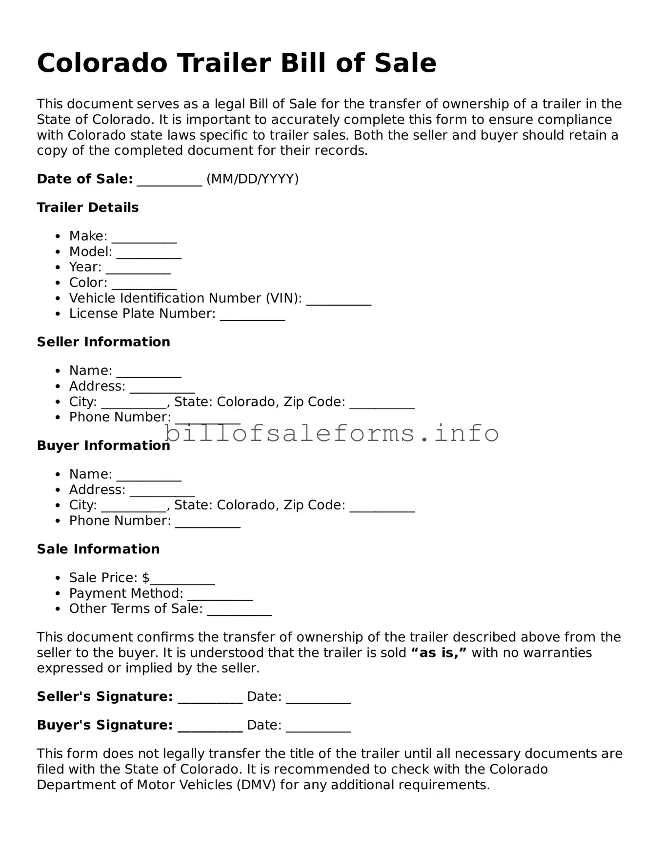 Legal Trailer Bill of Sale Form for Colorado State