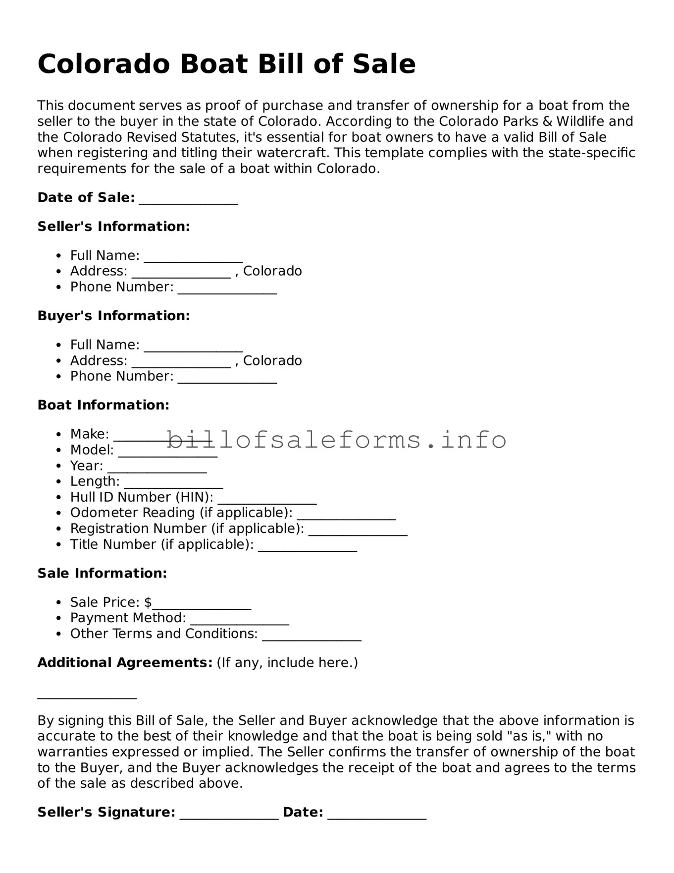 Legal Boat Bill of Sale Form for Colorado State