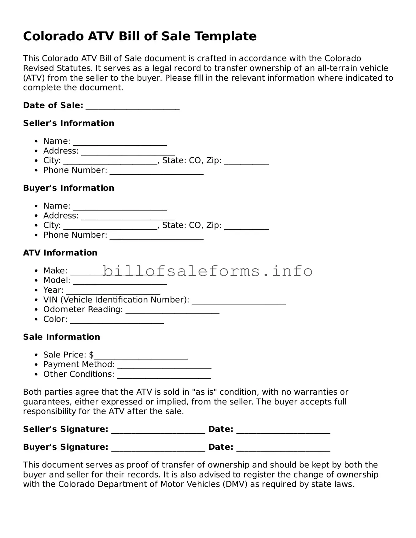 Legal ATV Bill of Sale Form for Colorado State