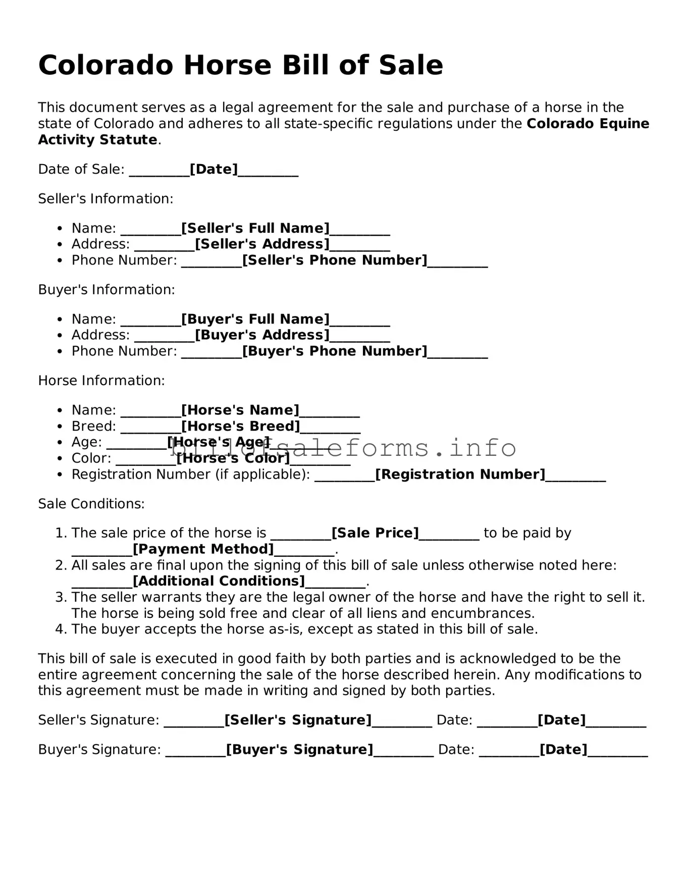 Legal Horse Bill of Sale Form for Colorado State