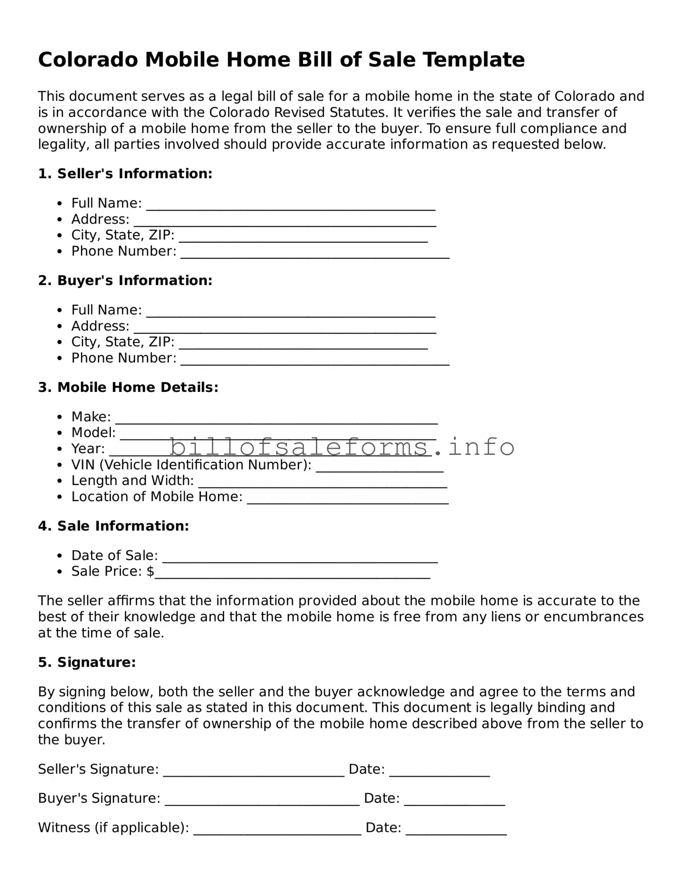 Legal Mobile Home Bill of Sale Form for Colorado State