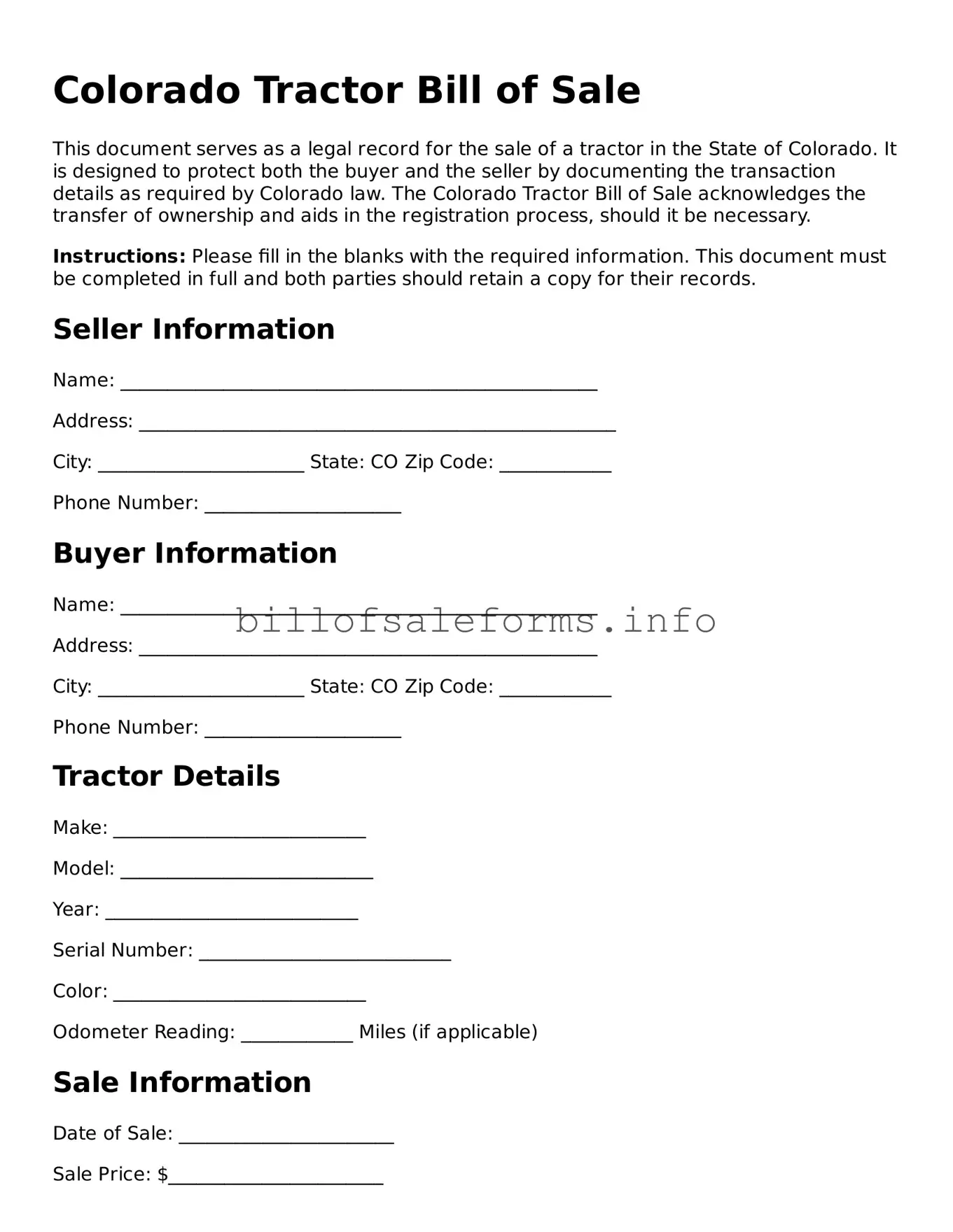 Legal Tractor Bill of Sale Form for Colorado State