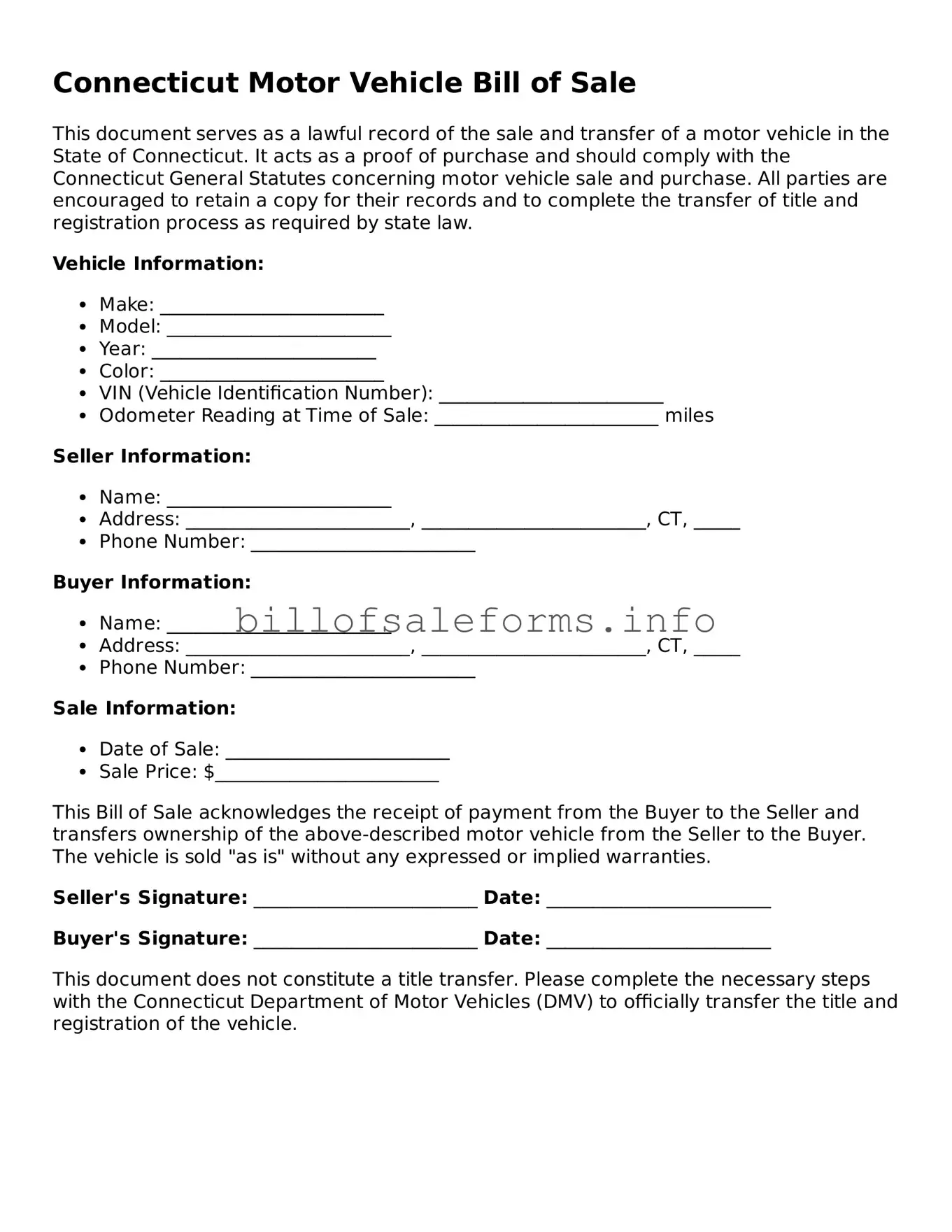 Legal Motor Vehicle Bill of Sale Form for Connecticut State