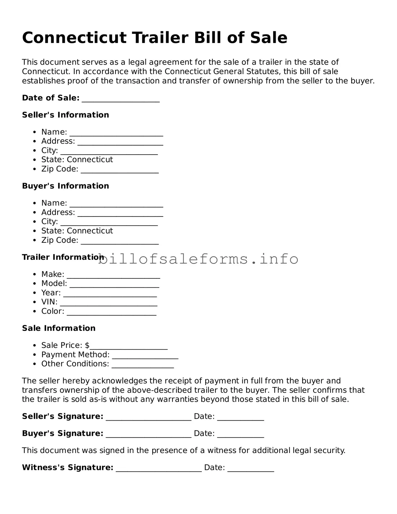 Legal Trailer Bill of Sale Form for Connecticut State