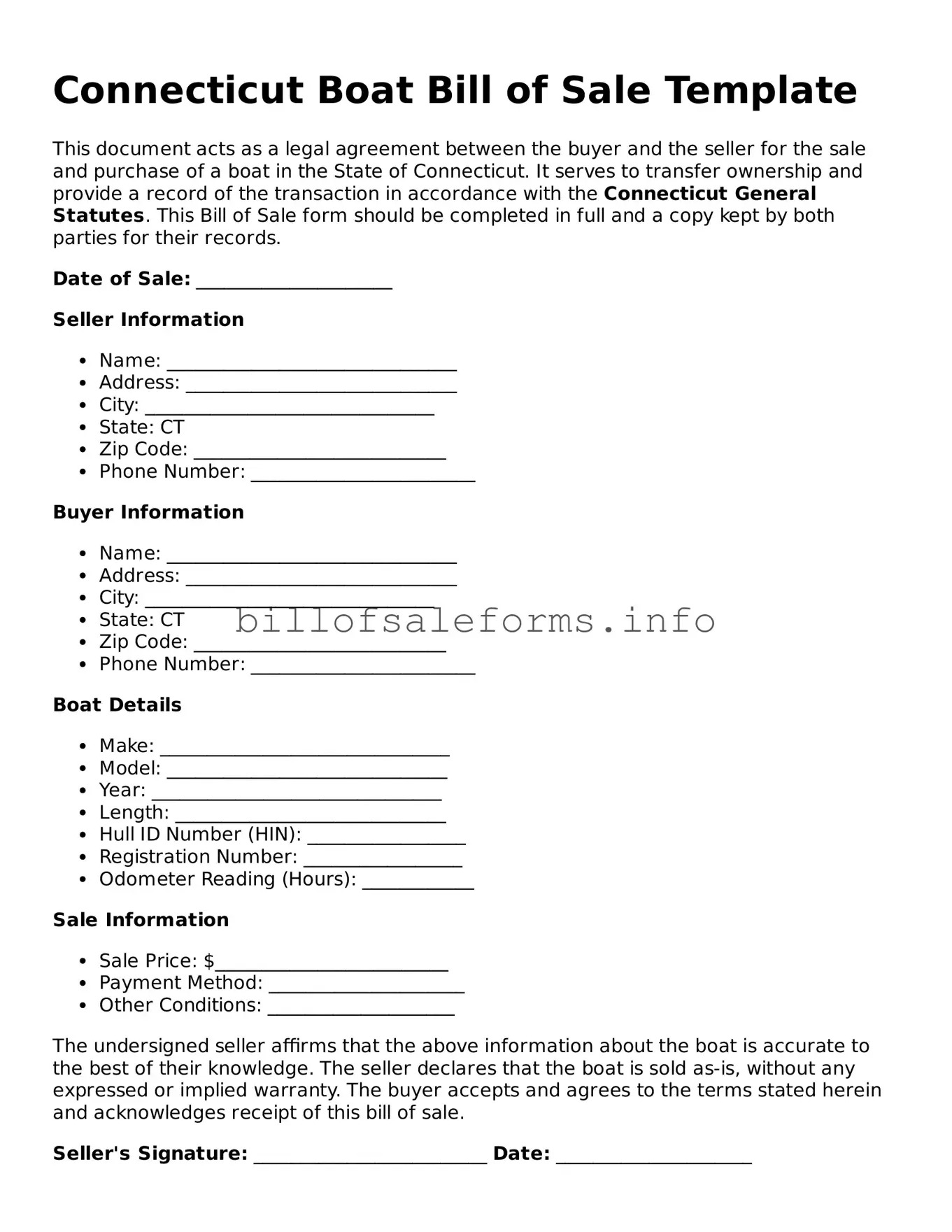 Legal Boat Bill of Sale Form for Connecticut State