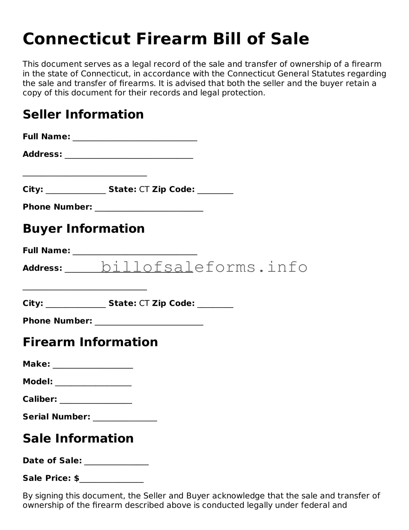 Legal Firearm Bill of Sale Form for Connecticut State