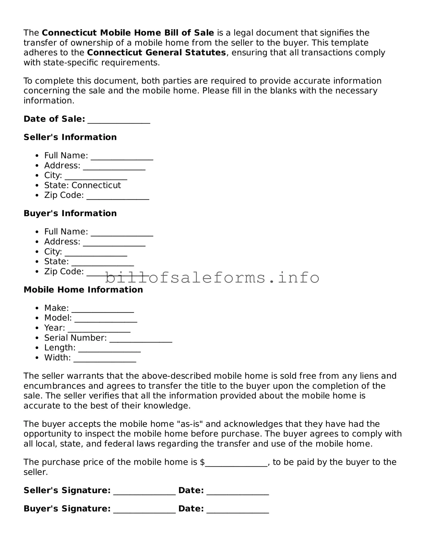 Legal Mobile Home Bill of Sale Form for Connecticut State
