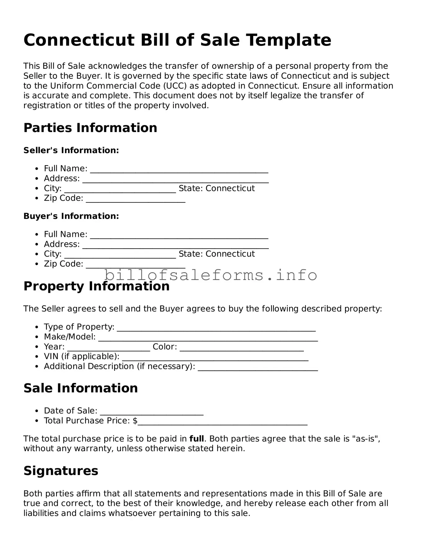 Legal Bill of Sale Form for Connecticut State