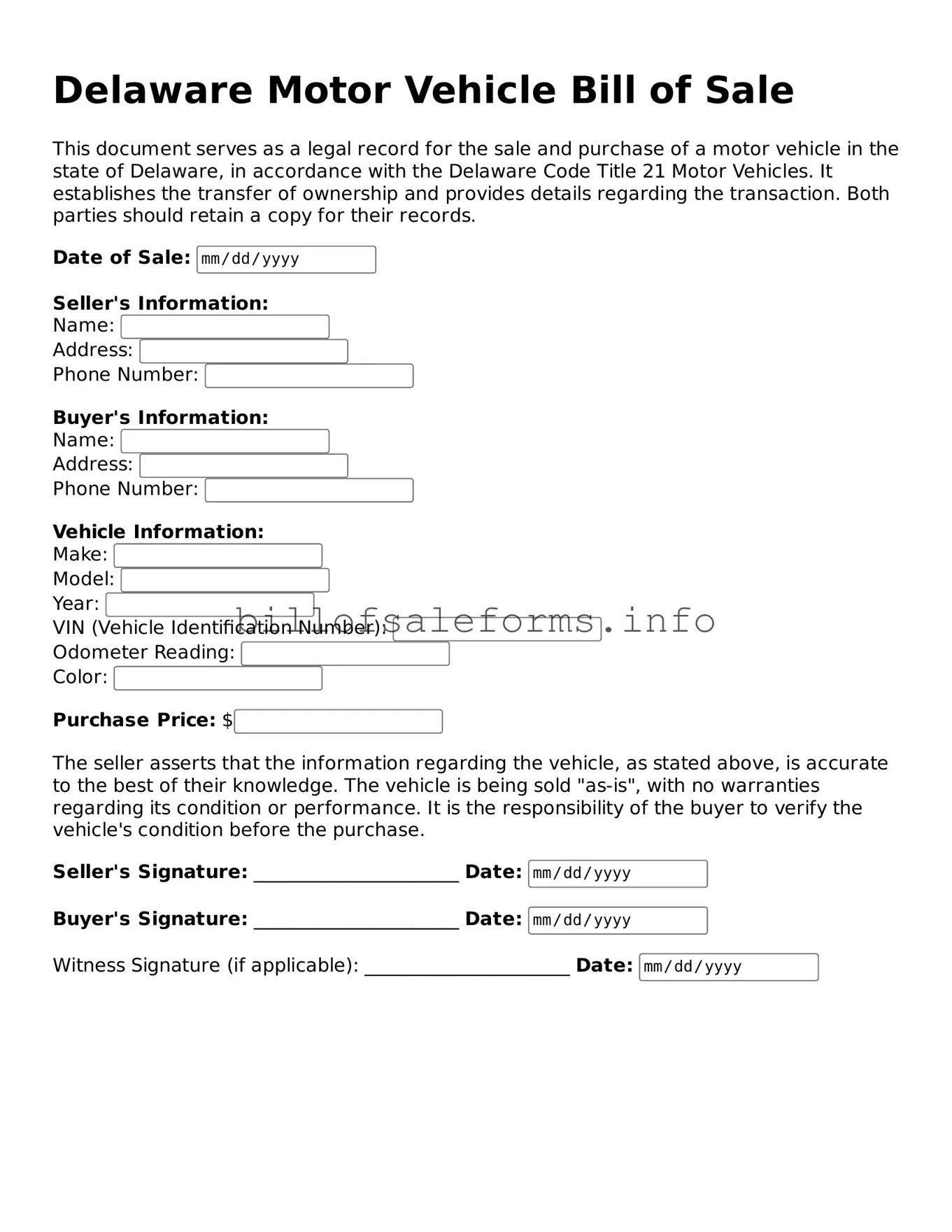 Legal Motor Vehicle Bill of Sale Form for Delaware State