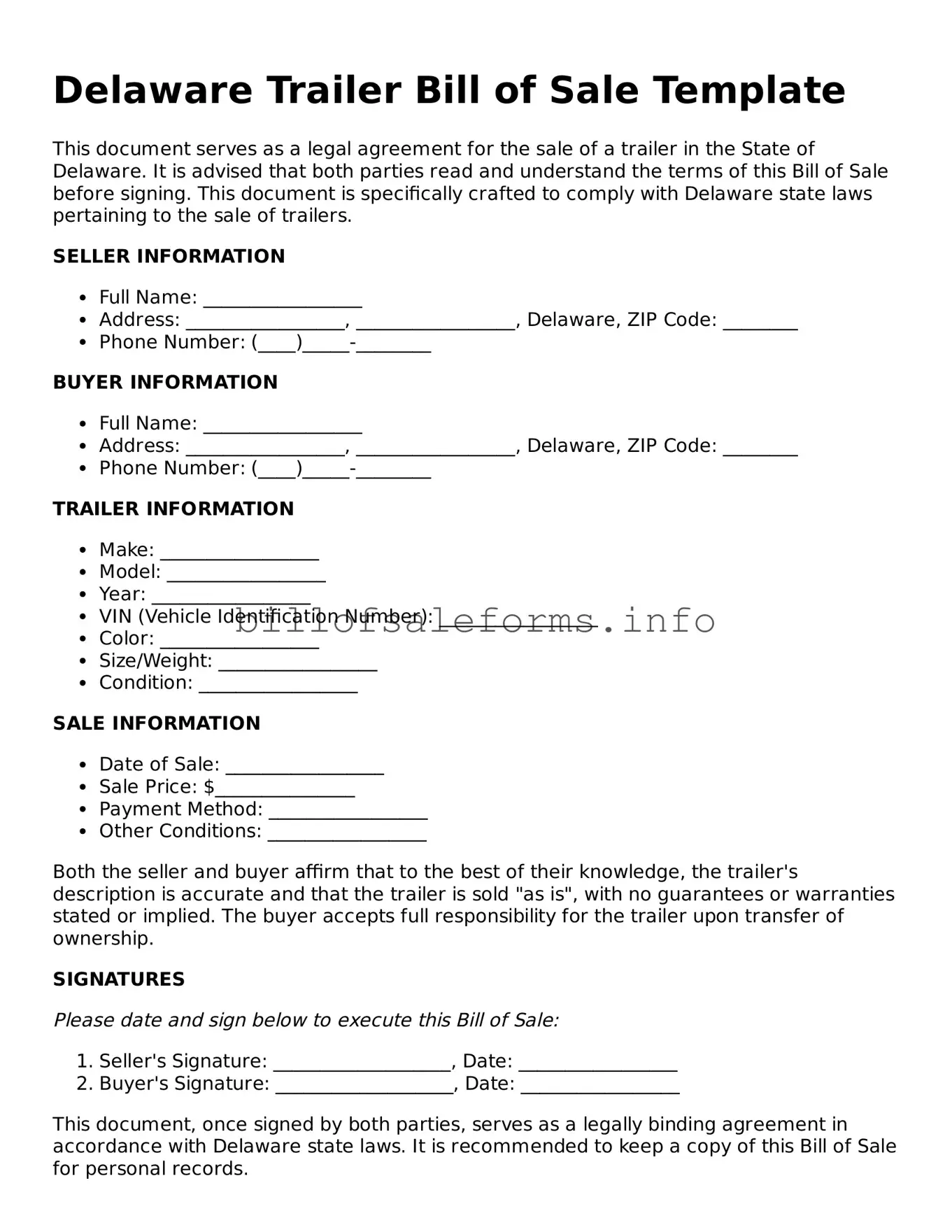 Legal Trailer Bill of Sale Form for Delaware State