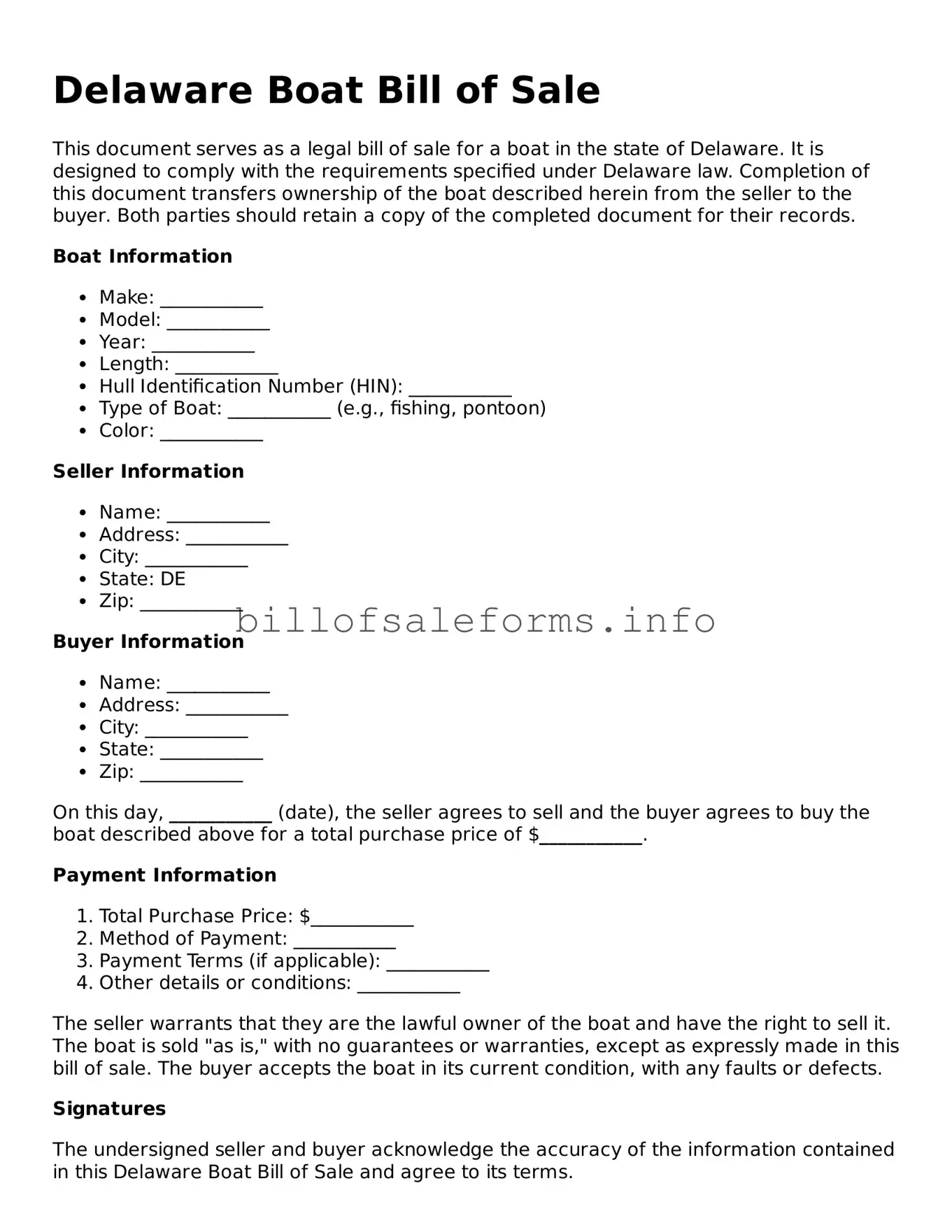 Legal Boat Bill of Sale Form for Delaware State