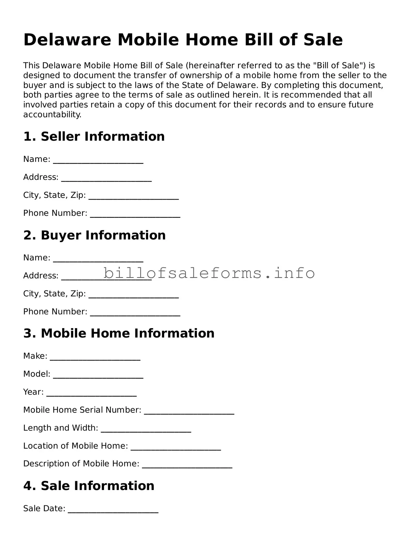 Legal Mobile Home Bill of Sale Form for Delaware State