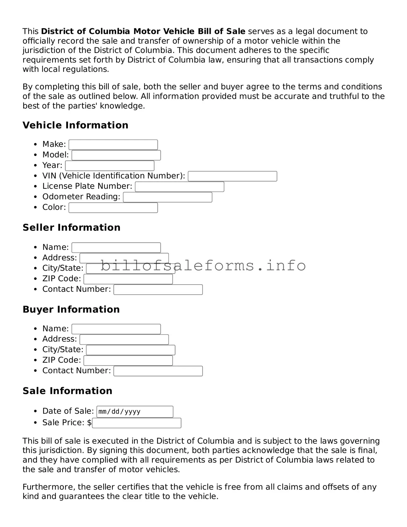 Legal Motor Vehicle Bill of Sale Form for District of Columbia State