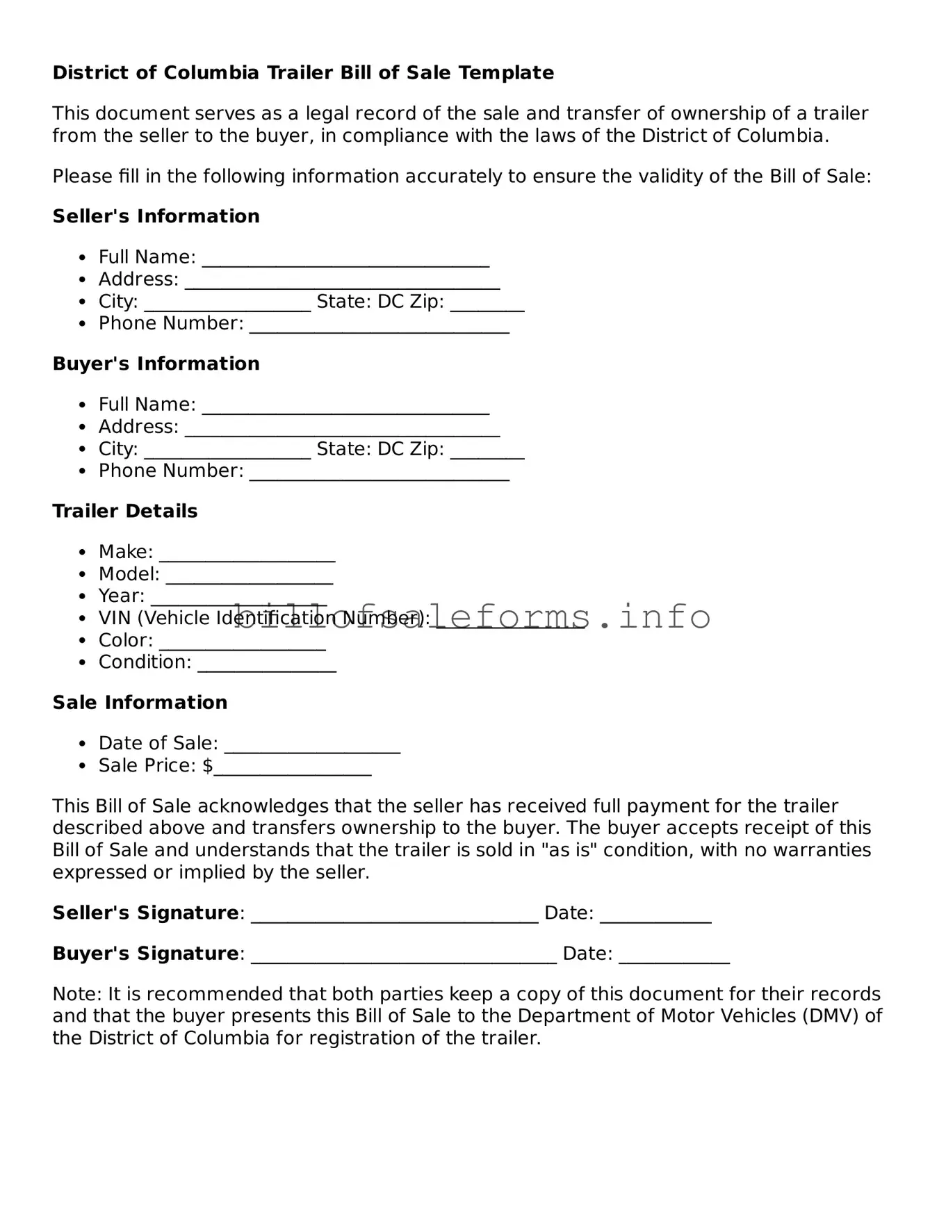 Legal Trailer Bill of Sale Form for District of Columbia State