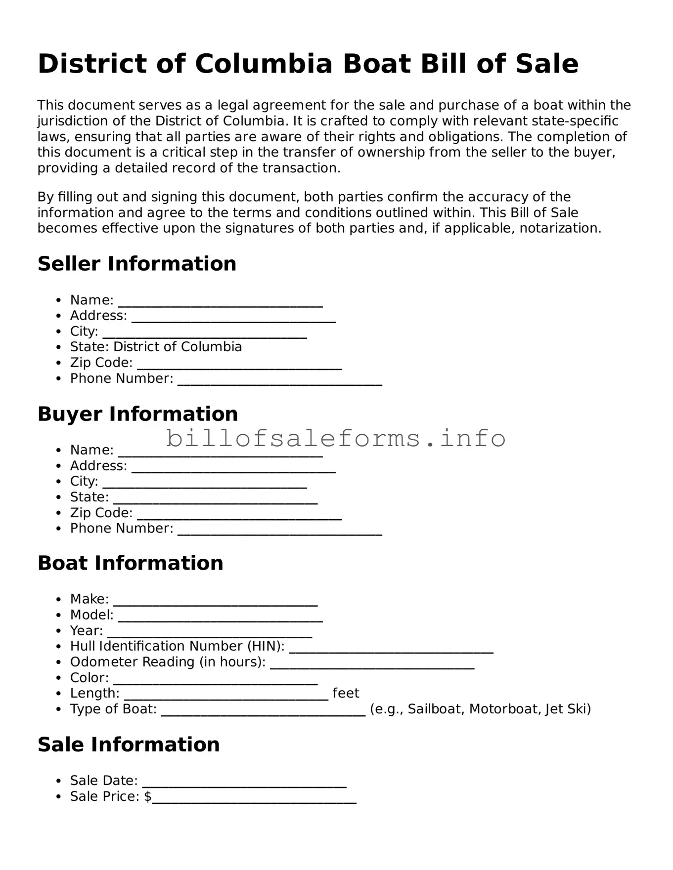 Legal Boat Bill of Sale Form for District of Columbia State