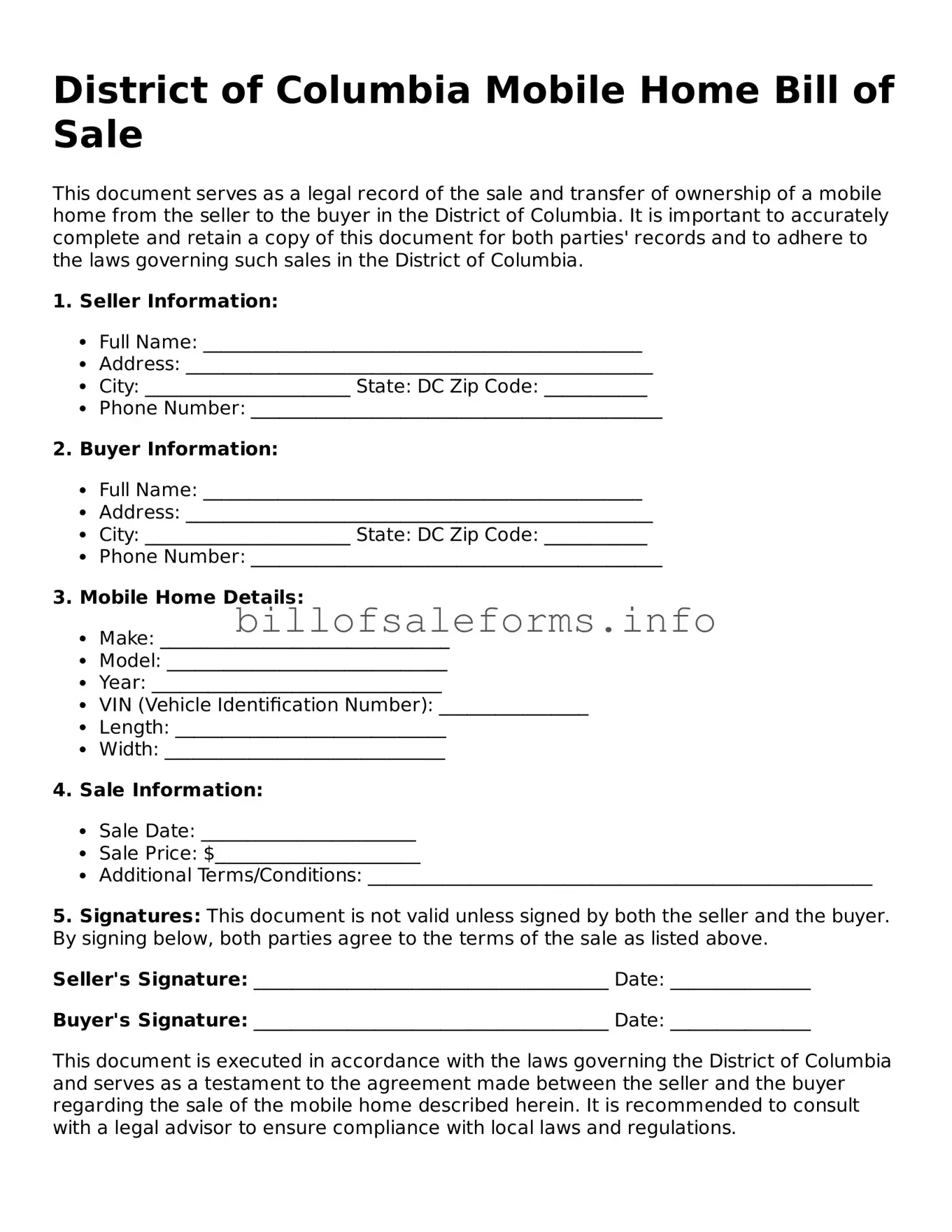 Legal Mobile Home Bill of Sale Form for District of Columbia State