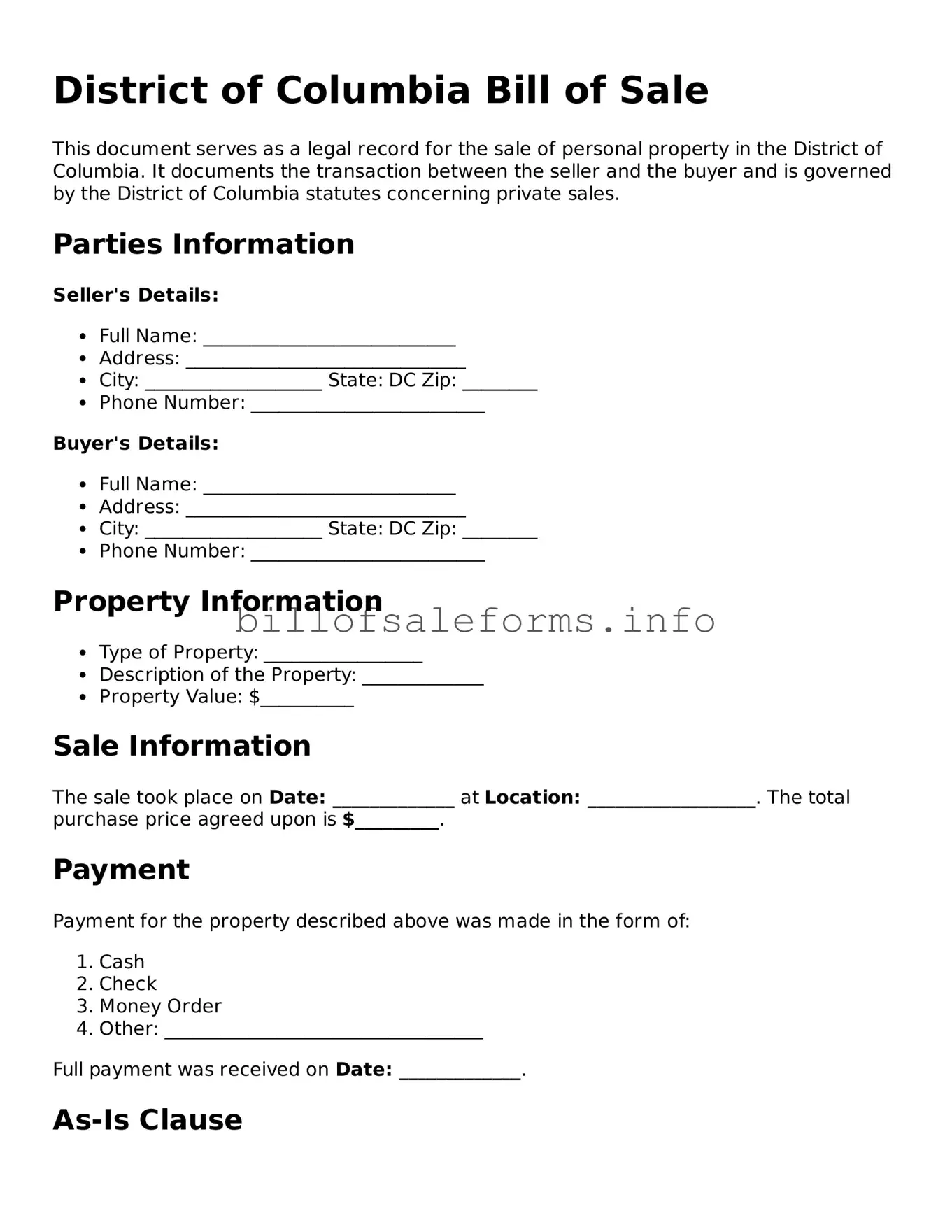Legal Bill of Sale Form for District of Columbia State