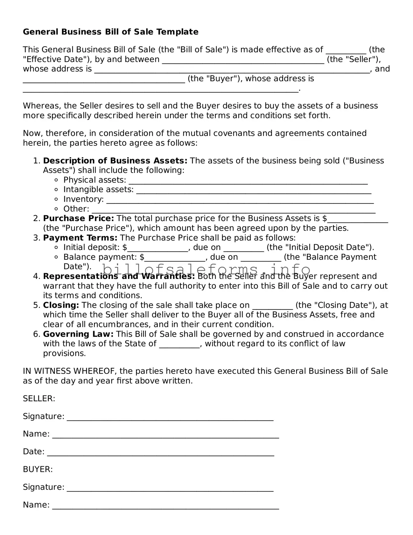 Blank Business Bill of Sale Document