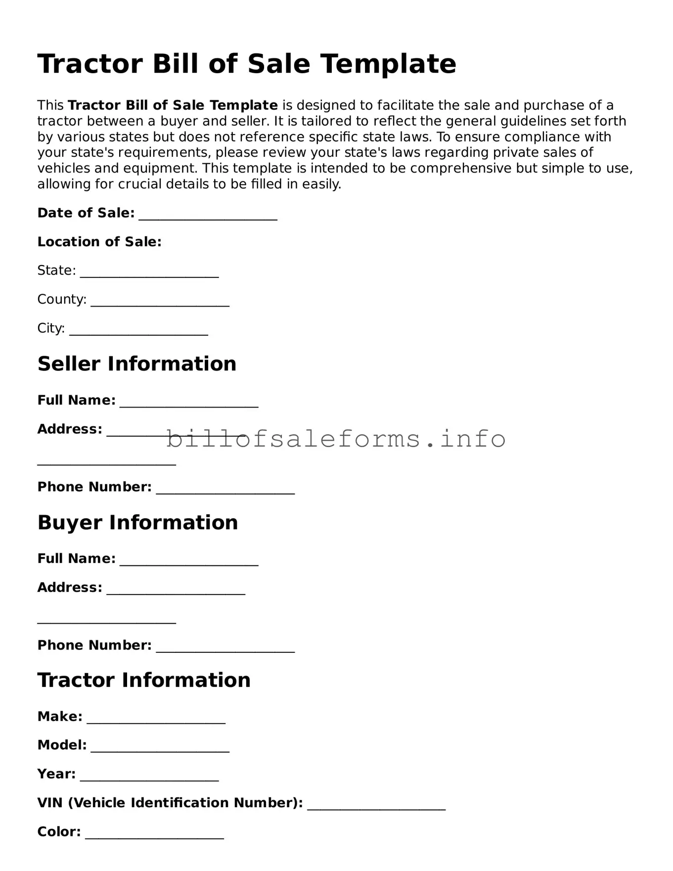 Blank Tractor Bill of Sale Document