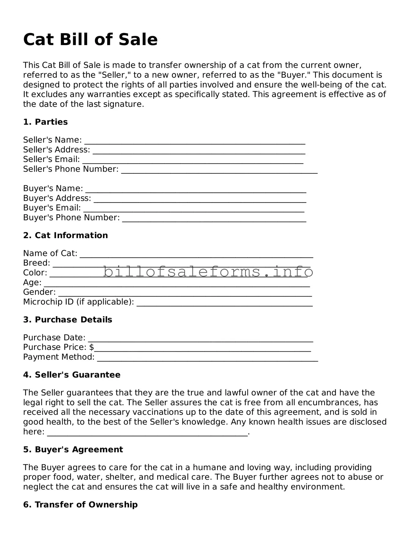 Blank Cat Bill of Sale Document