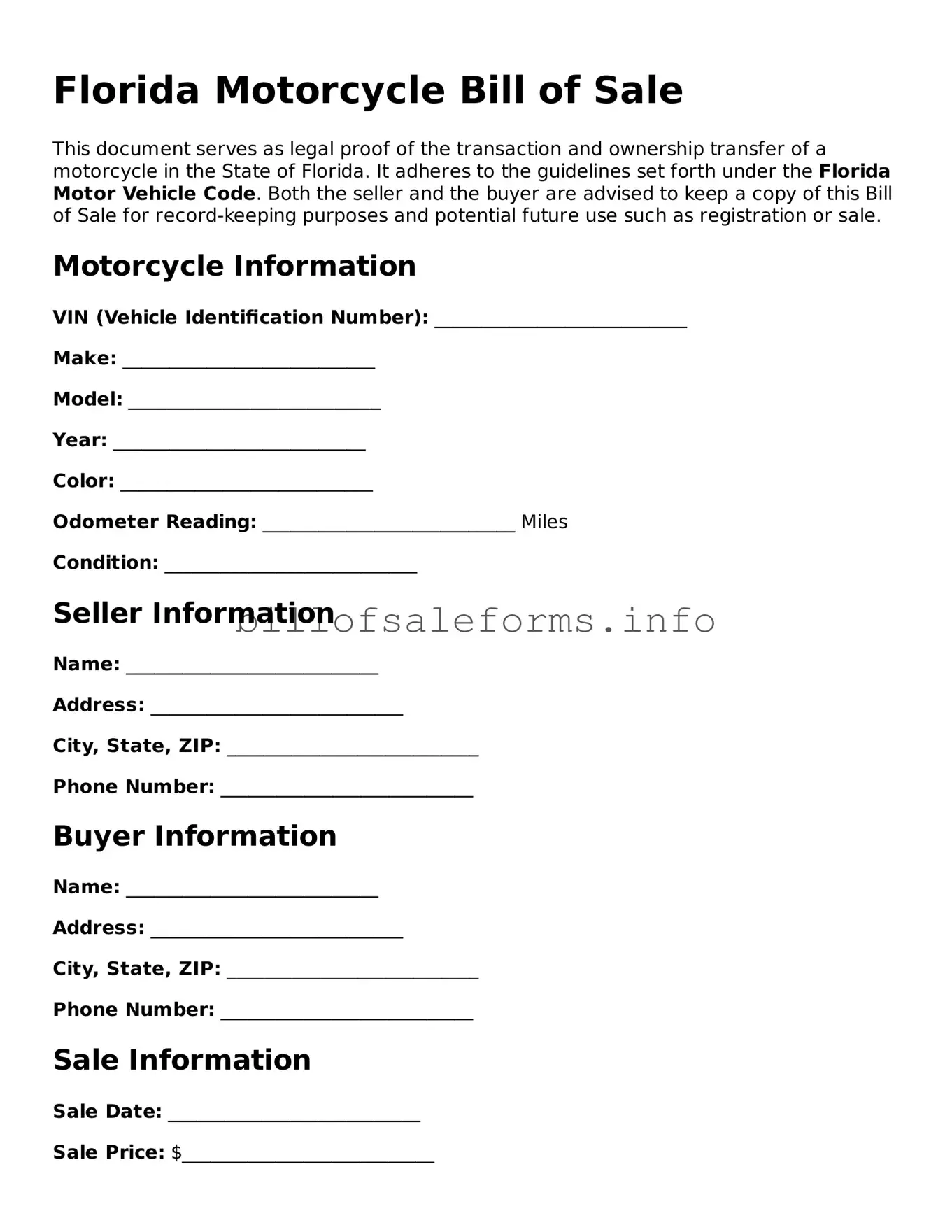 Legal Motorcycle Bill of Sale Form for Florida State