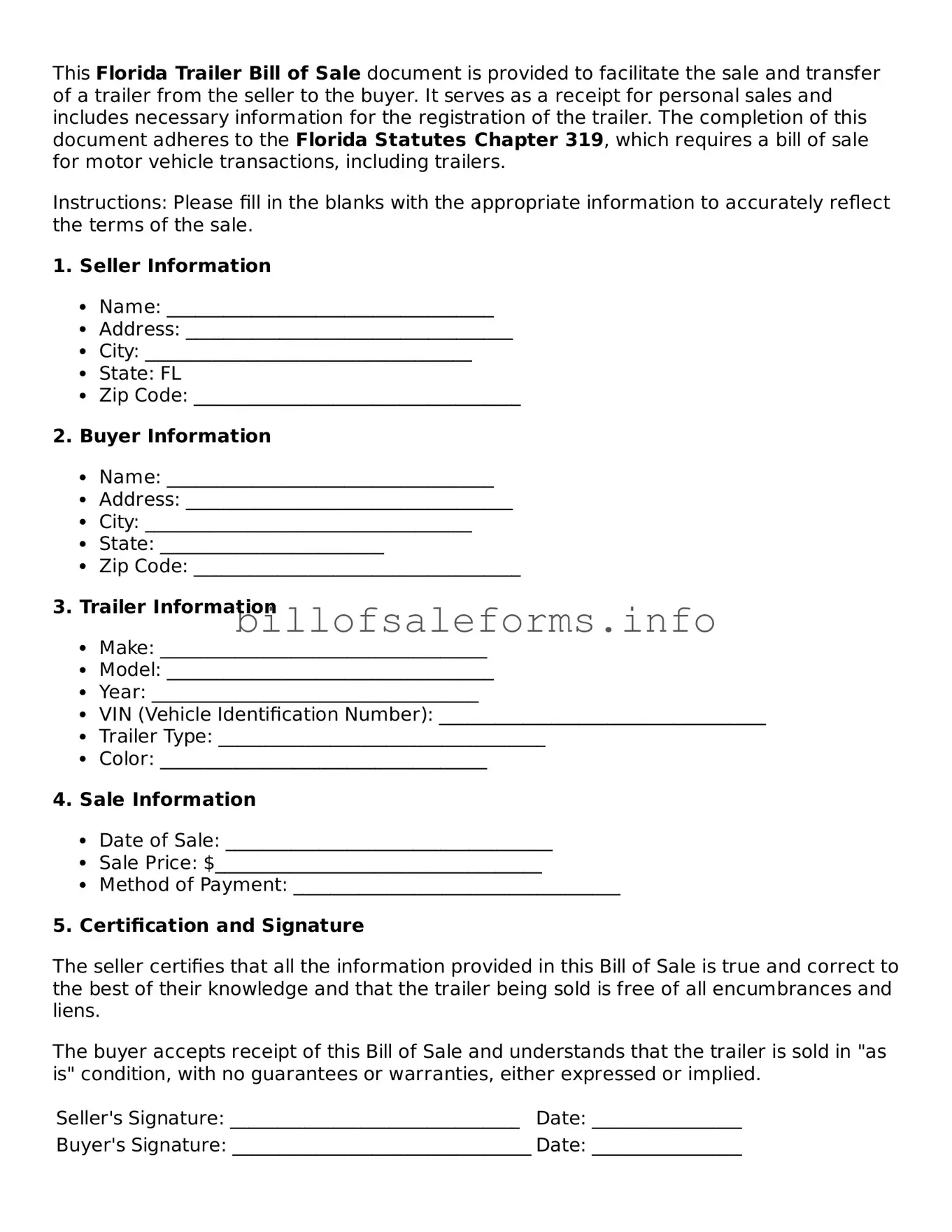 Legal Trailer Bill of Sale Form for Florida State