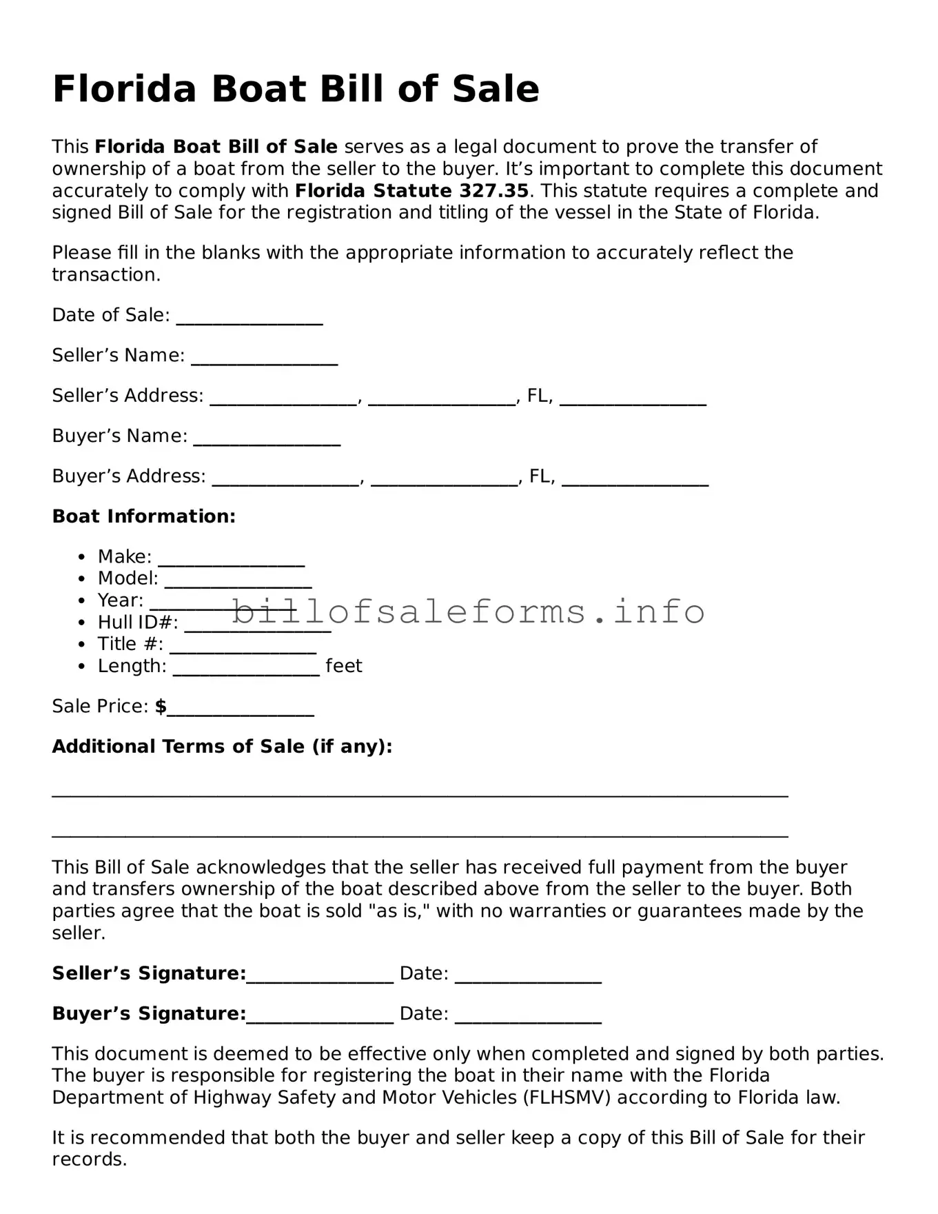 Legal Boat Bill of Sale Form for Florida State