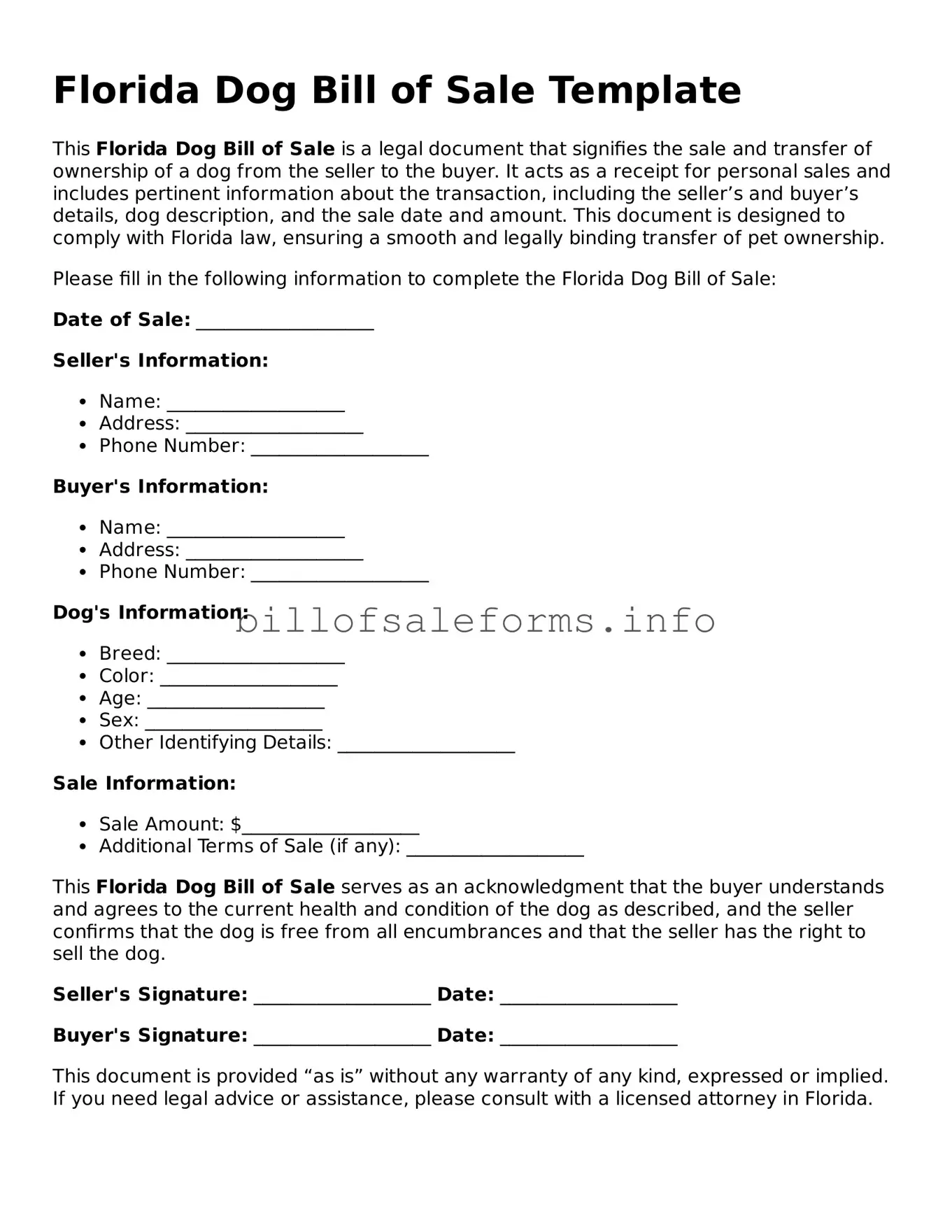 Legal Dog Bill of Sale Form for Florida State