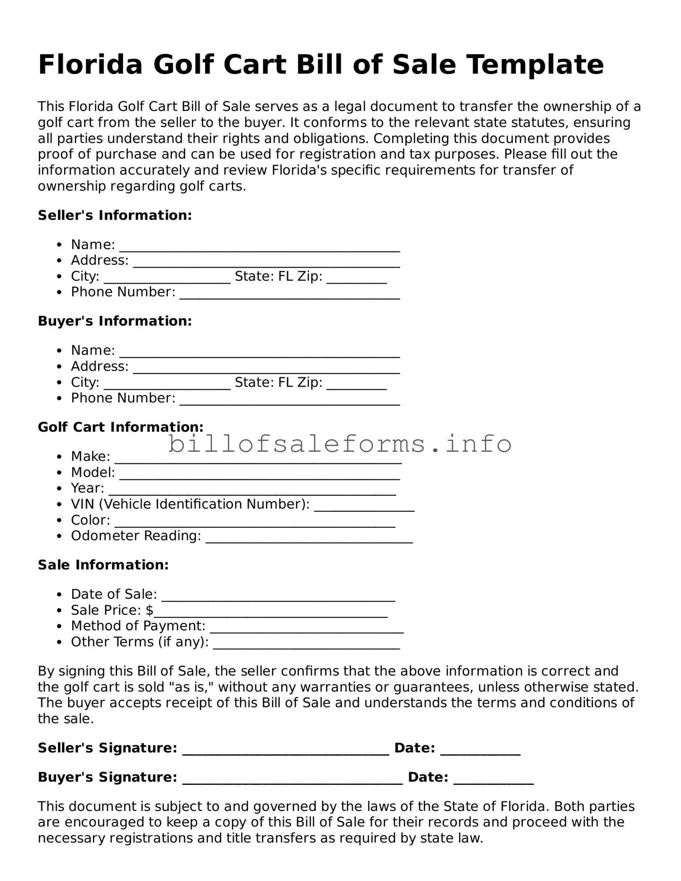 Legal Golf Cart Bill of Sale Form for Florida State