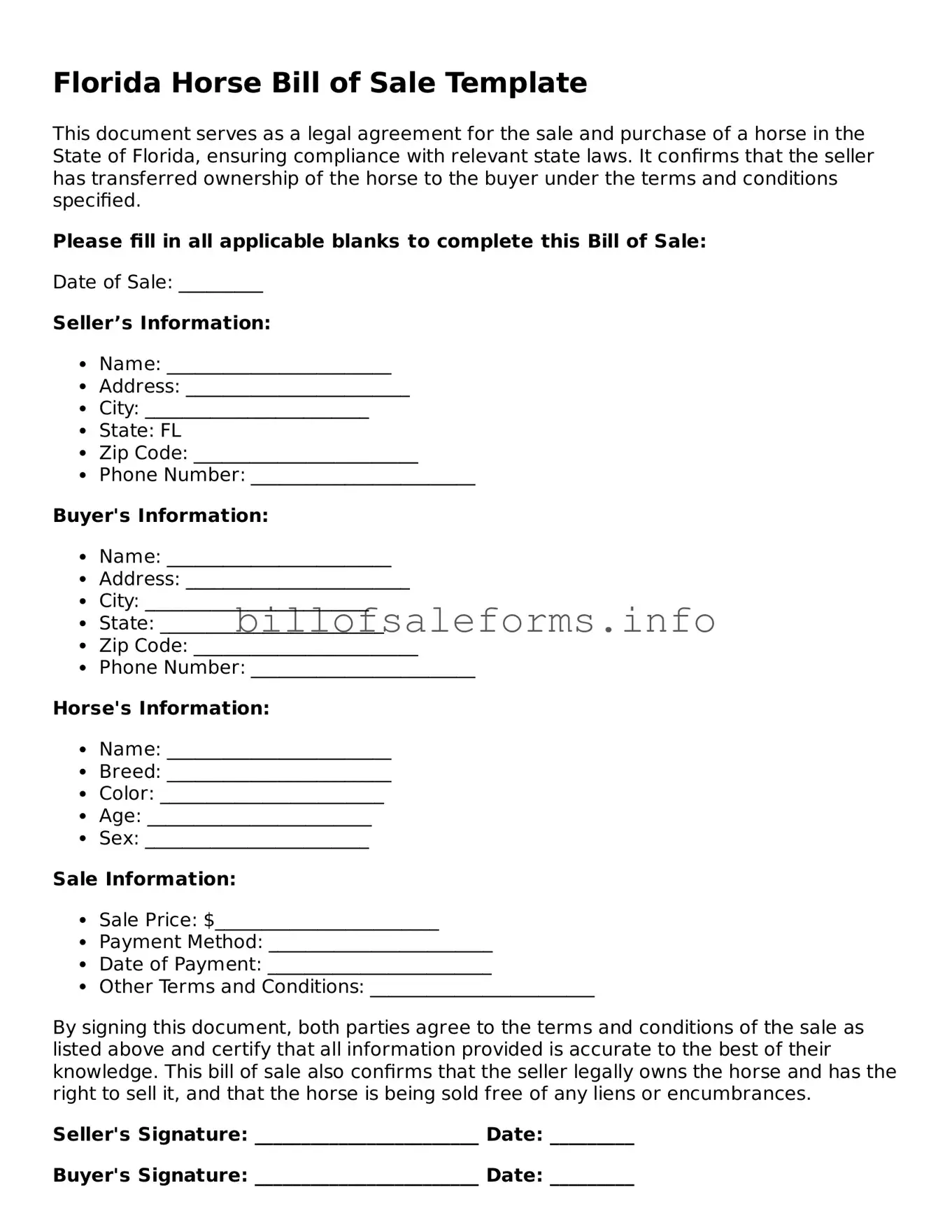 Legal Horse Bill of Sale Form for Florida State
