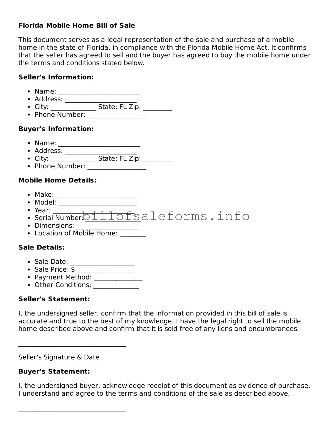 Legal Mobile Home Bill of Sale Form for Florida State