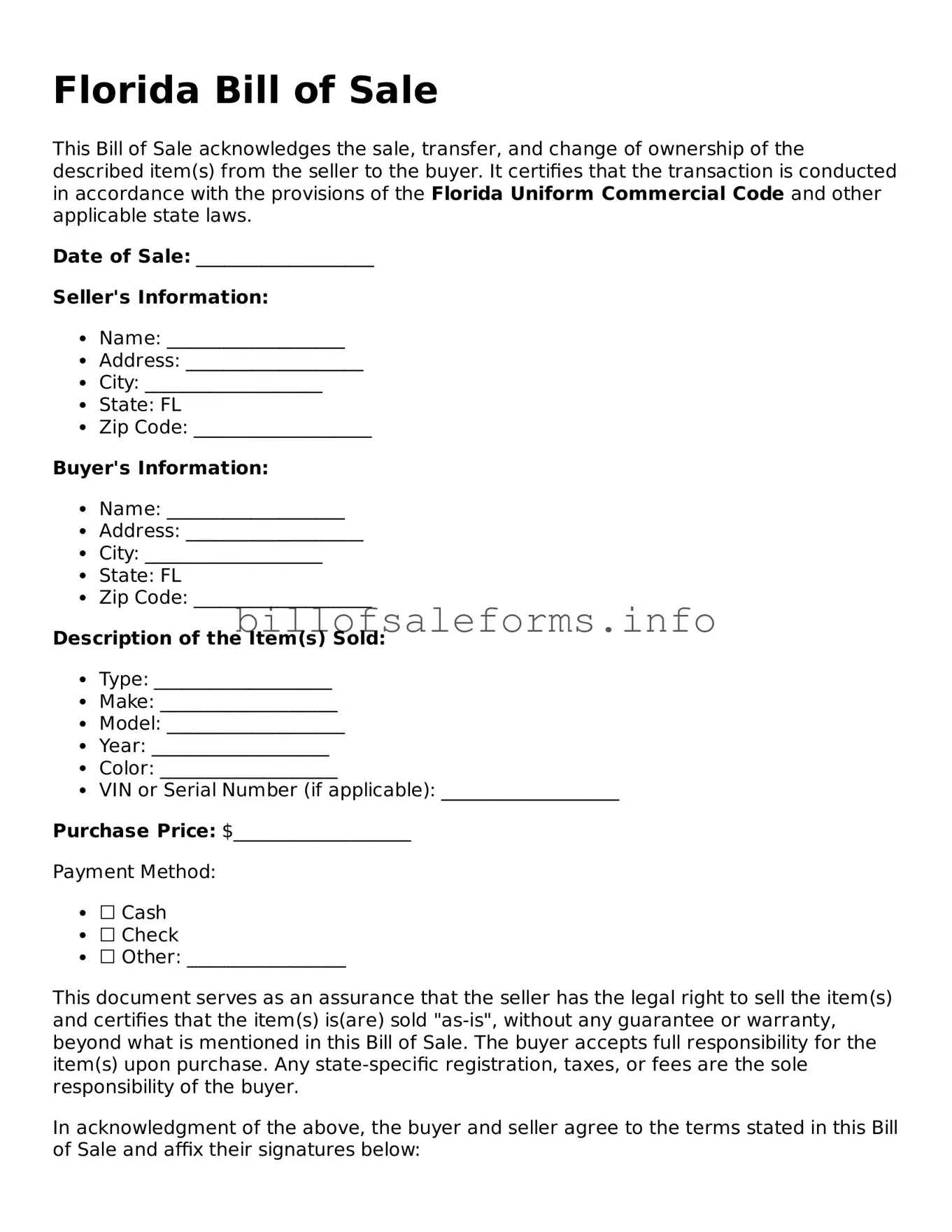 Legal Bill of Sale Form for Florida State