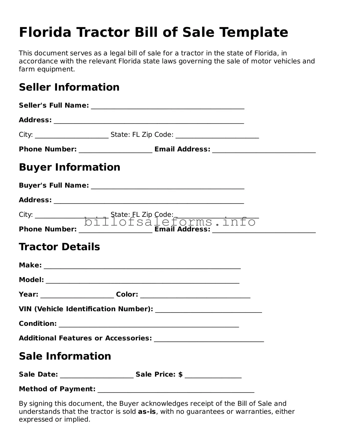 Legal Tractor Bill of Sale Form for Florida State