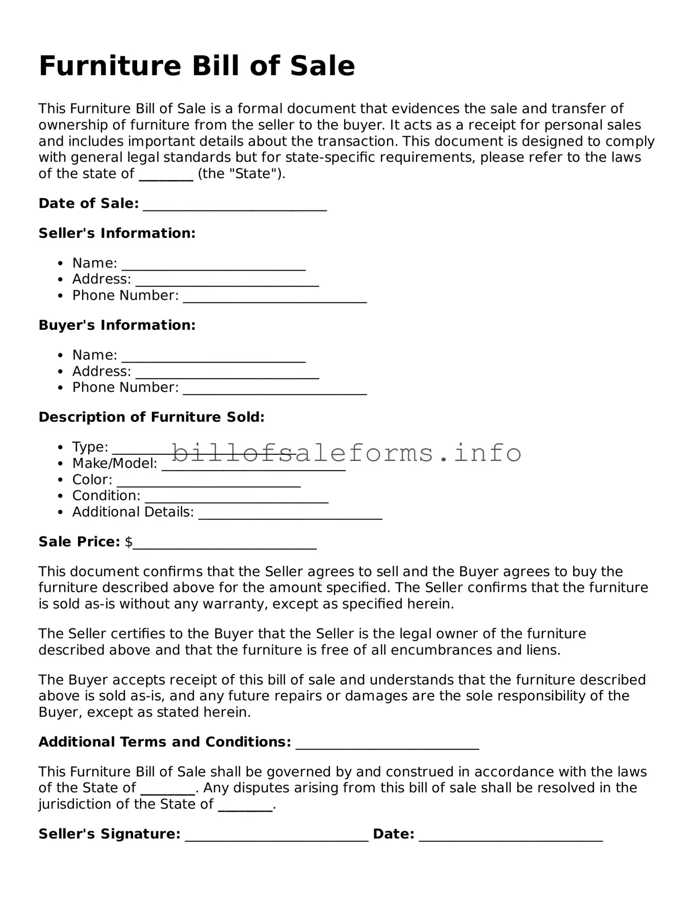 Blank Furniture Bill of Sale Document