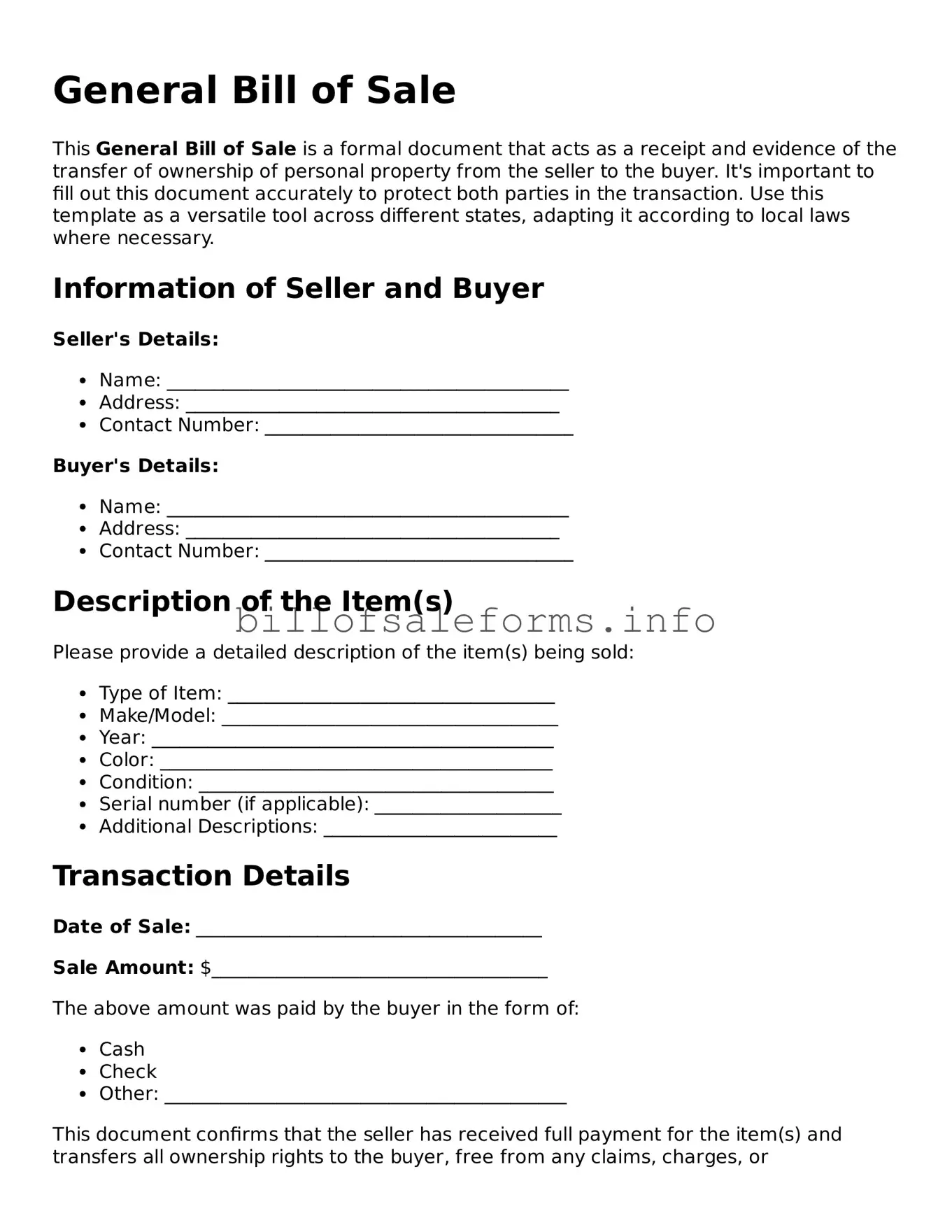 Blank General Bill of Sale Document