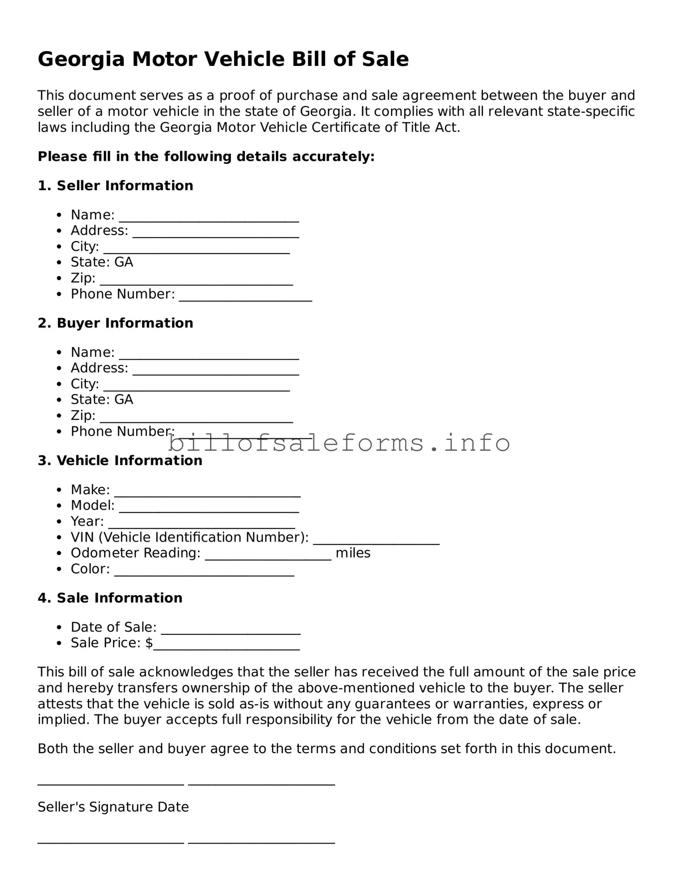 Legal Motor Vehicle Bill of Sale Form for Georgia State
