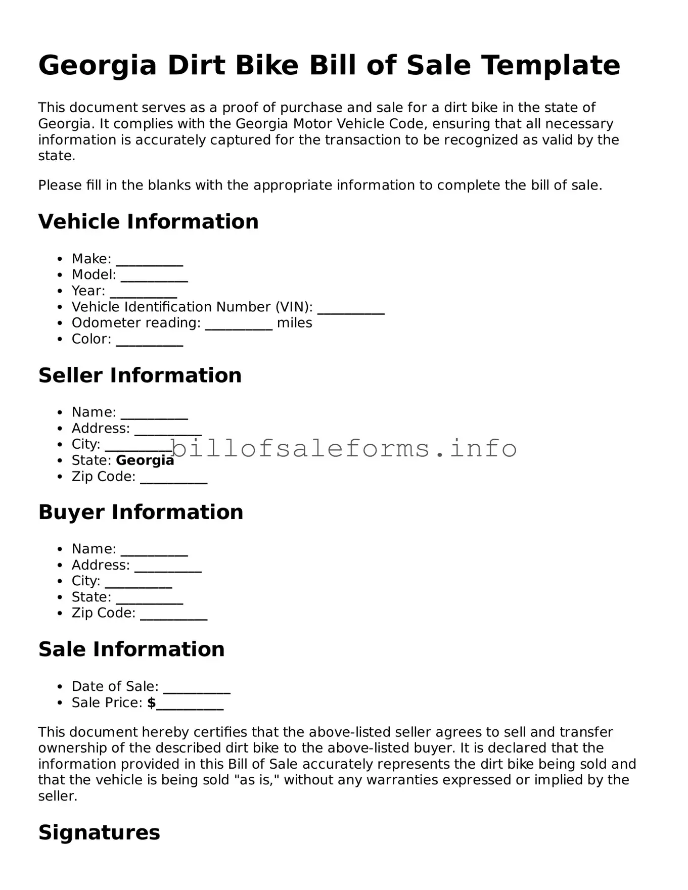Legal Dirt Bike Bill of Sale Form for Georgia State