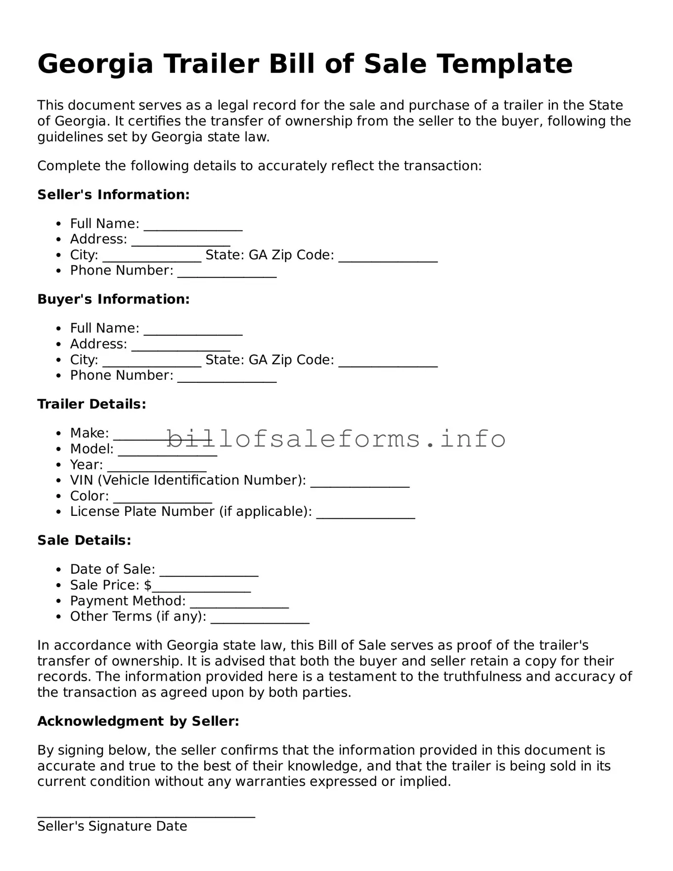 Legal Trailer Bill of Sale Form for Georgia State