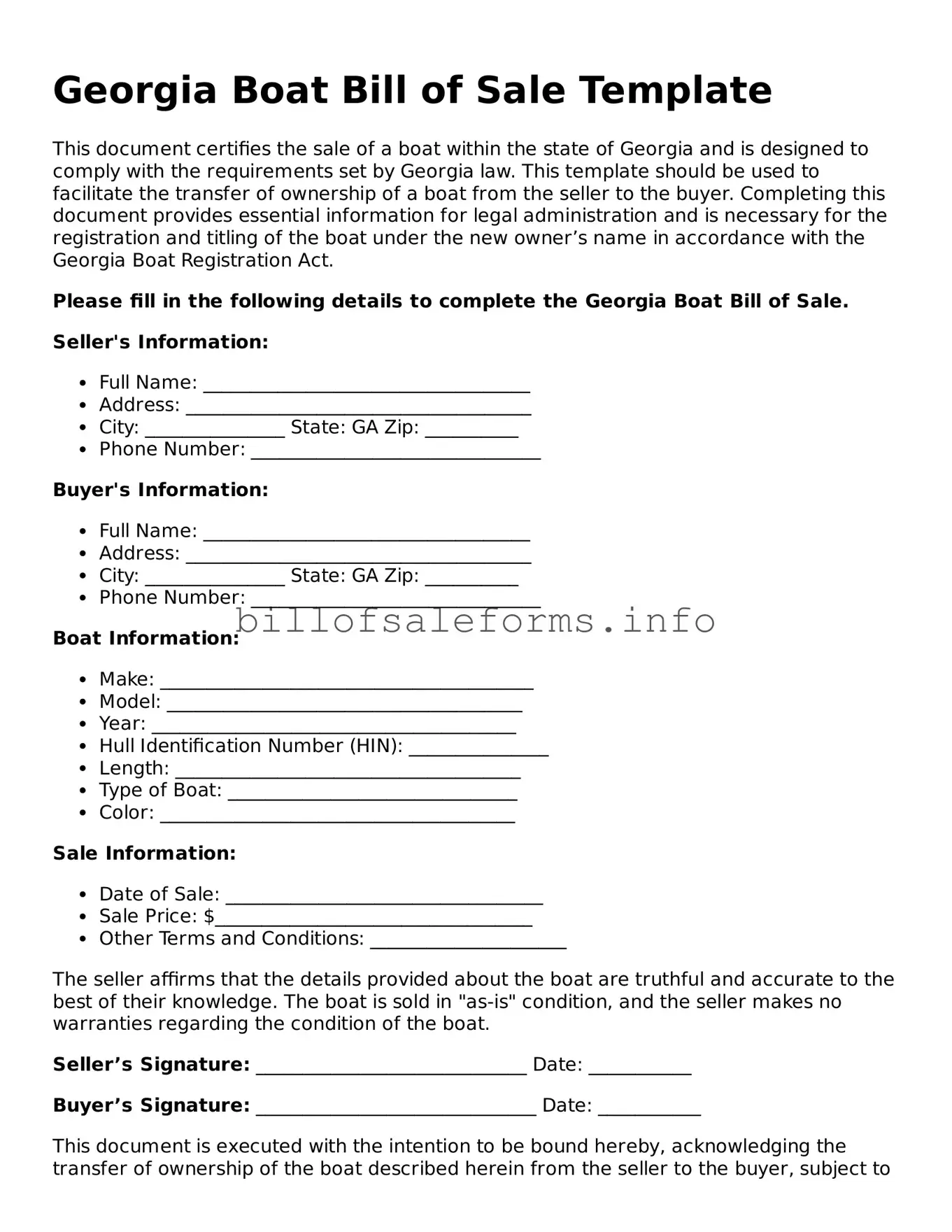 Legal Boat Bill of Sale Form for Georgia State