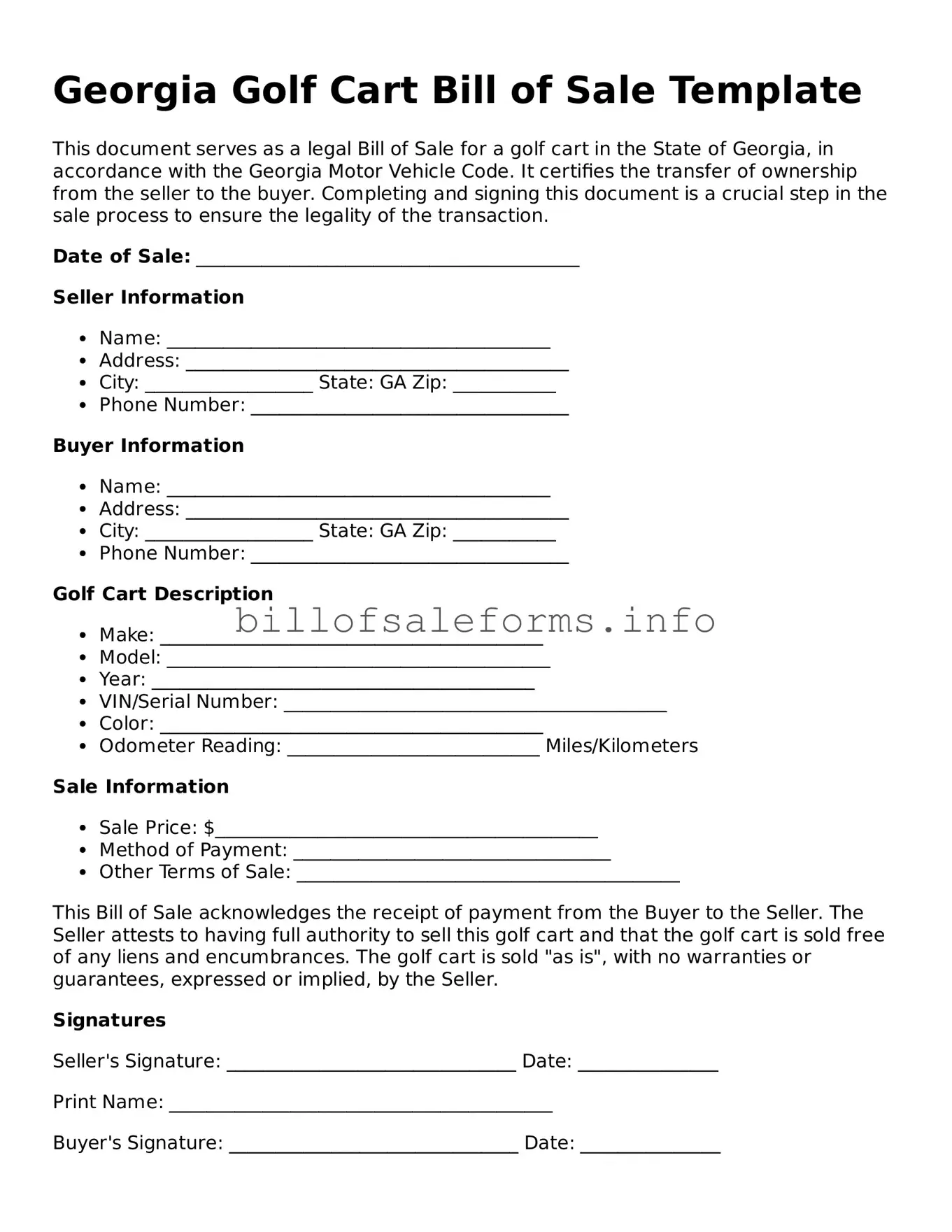 Legal Golf Cart Bill of Sale Form for Georgia State