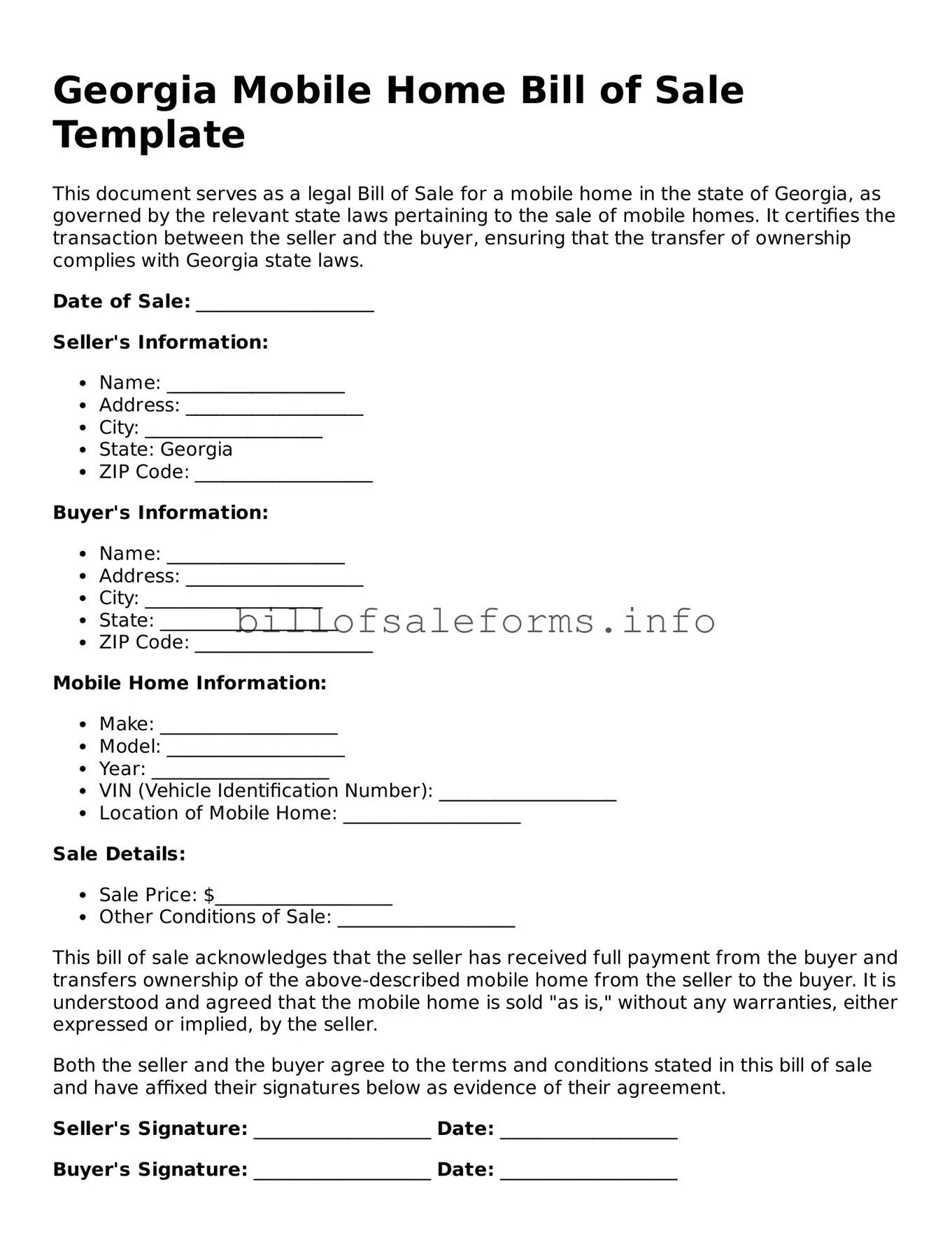 Legal Mobile Home Bill of Sale Form for Georgia State