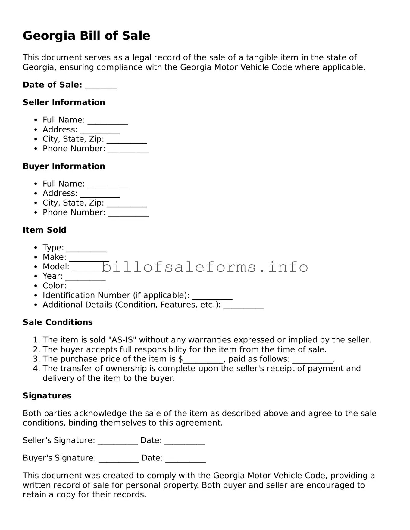 Legal Bill of Sale Form for Georgia State