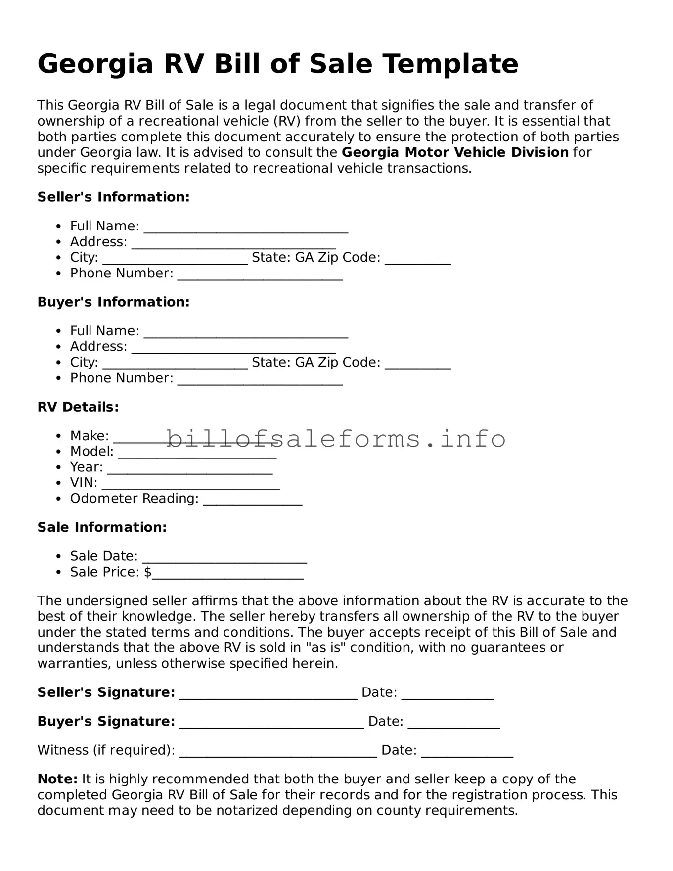 Legal RV Bill of Sale Form for Georgia State