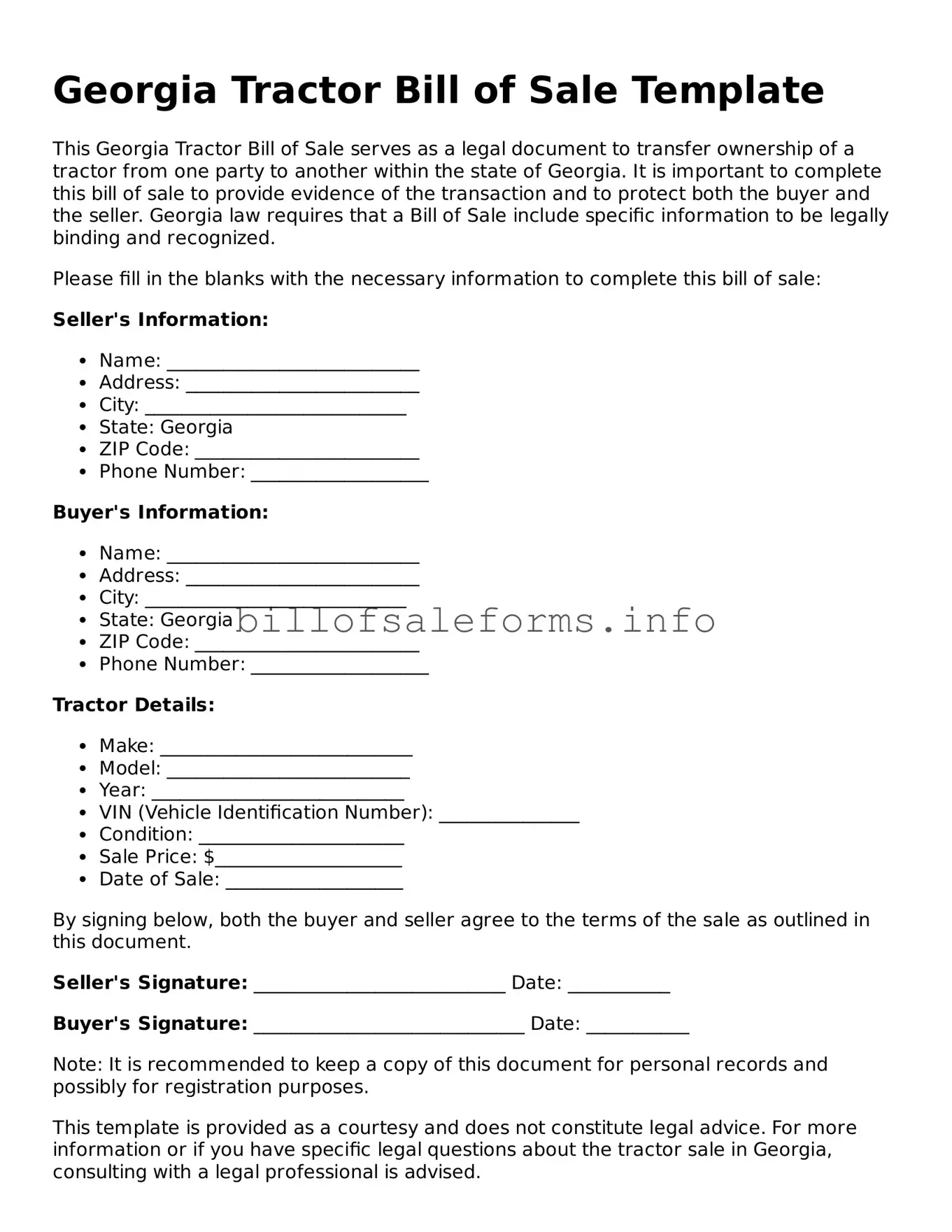 Legal Tractor Bill of Sale Form for Georgia State