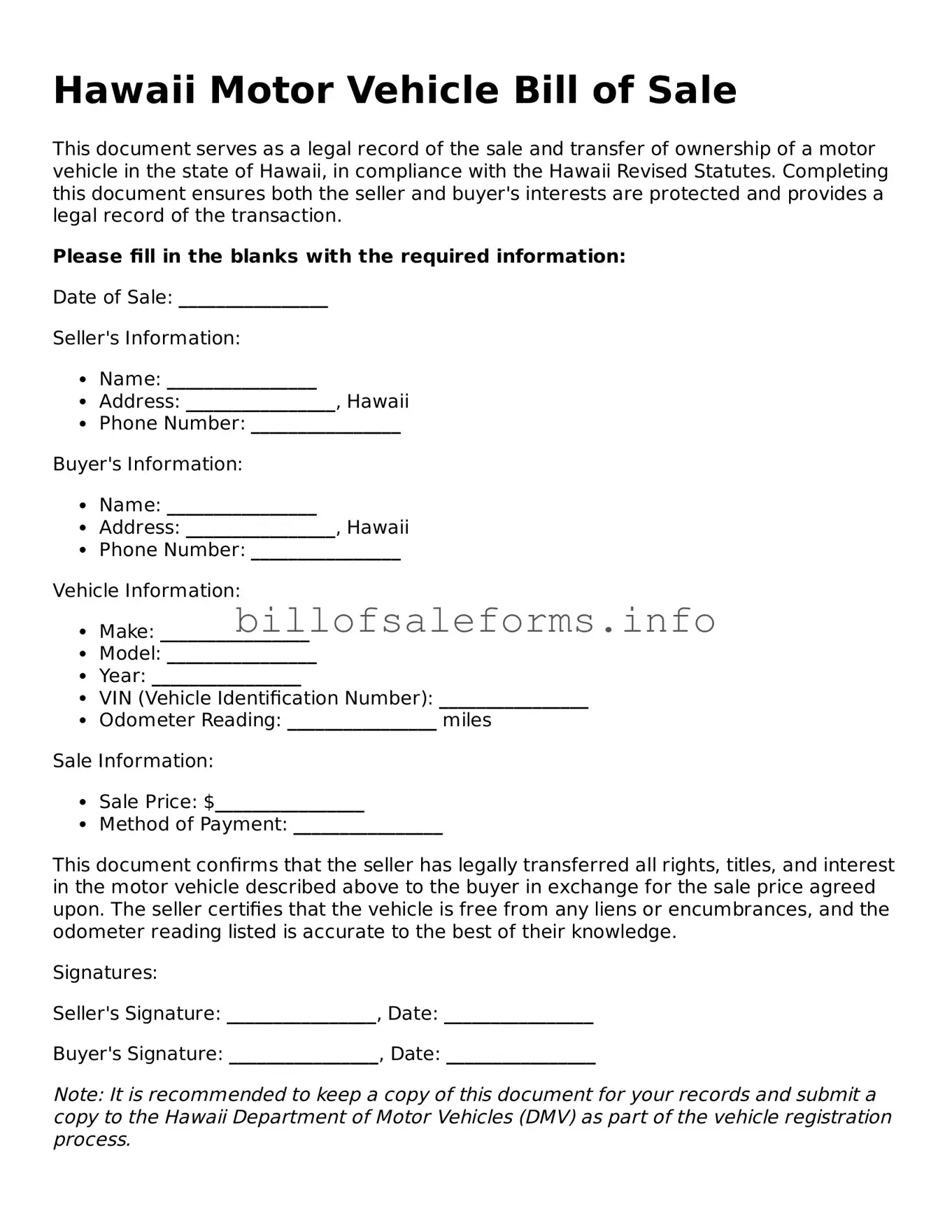Legal Motor Vehicle Bill of Sale Form for Hawaii State