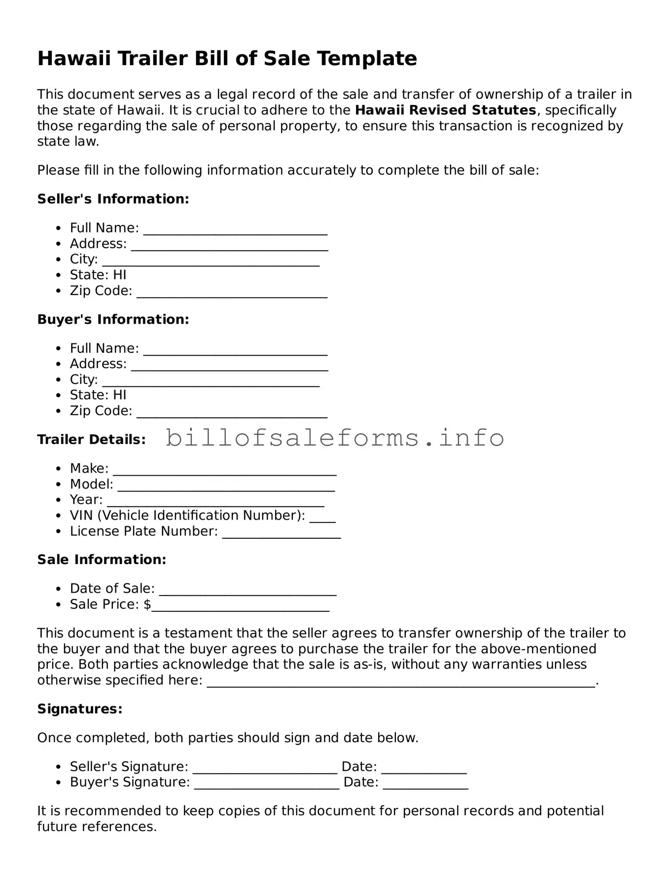 Legal Trailer Bill of Sale Form for Hawaii State