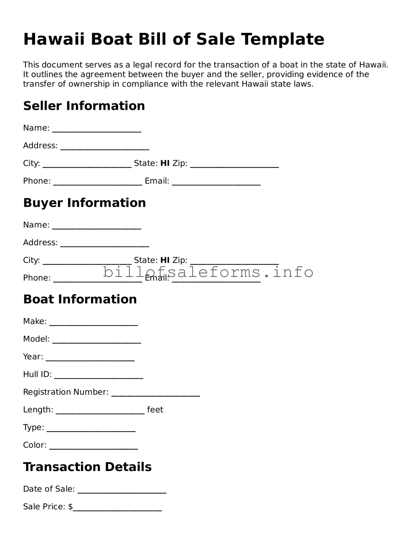 Legal Boat Bill of Sale Form for Hawaii State