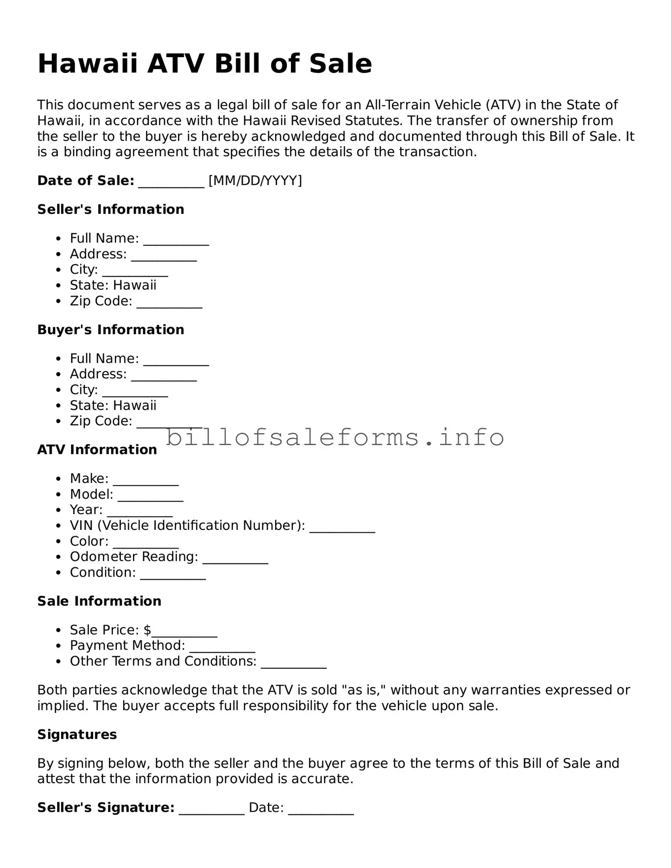 Legal ATV Bill of Sale Form for Hawaii State