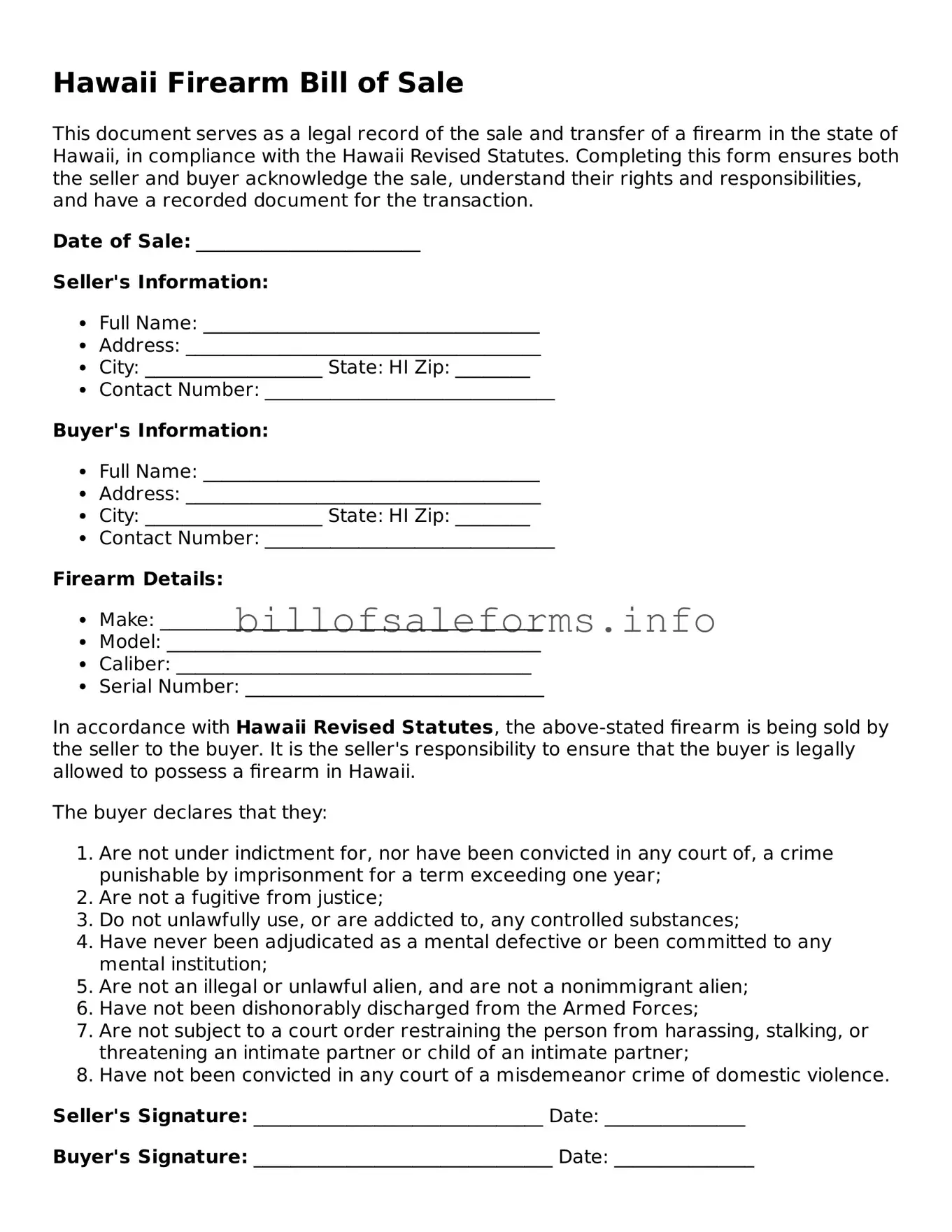 Legal Firearm Bill of Sale Form for Hawaii State