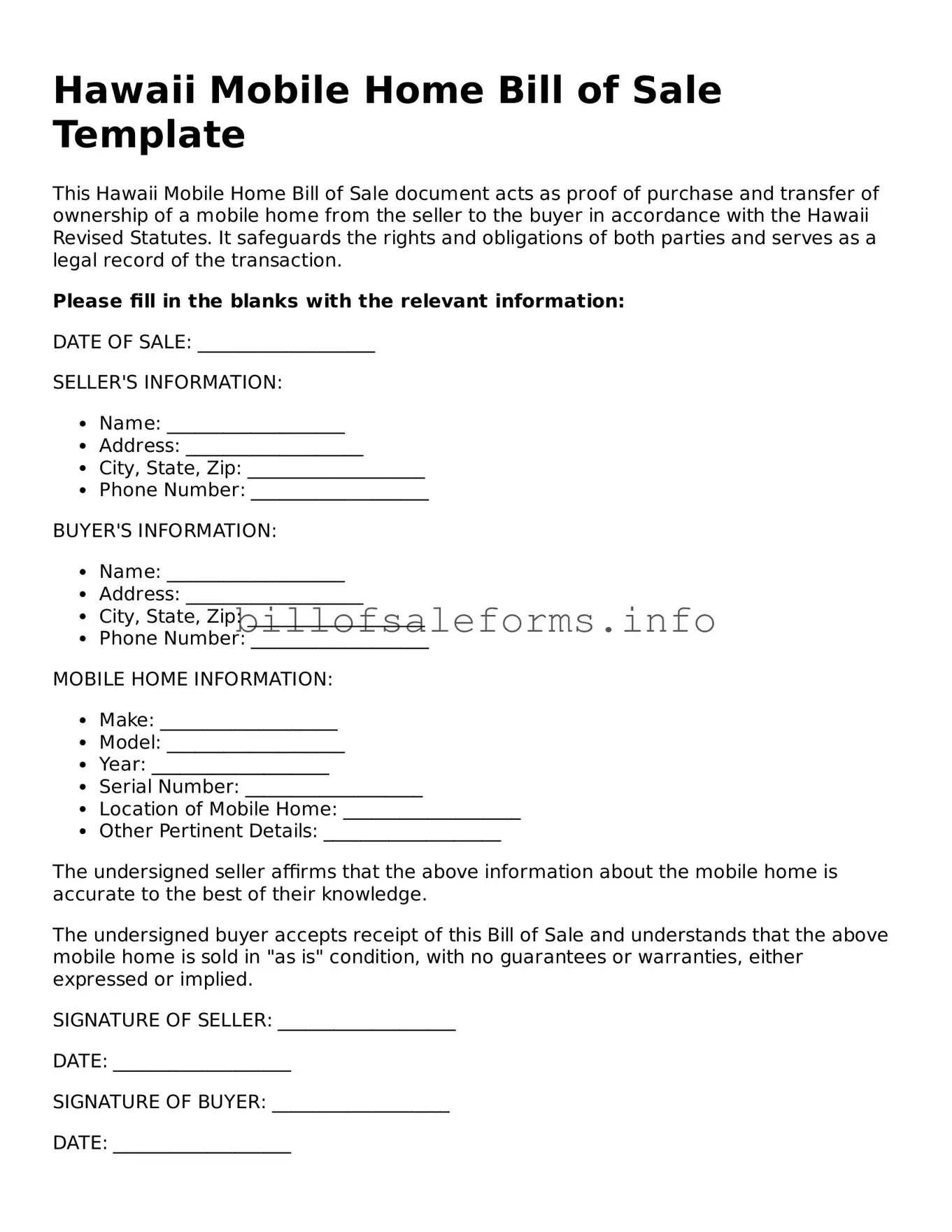 Legal Mobile Home Bill of Sale Form for Hawaii State